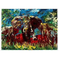 Retro Leroy Neiman Silk Tapestry, Elephant Stampede, Signed and Numbered