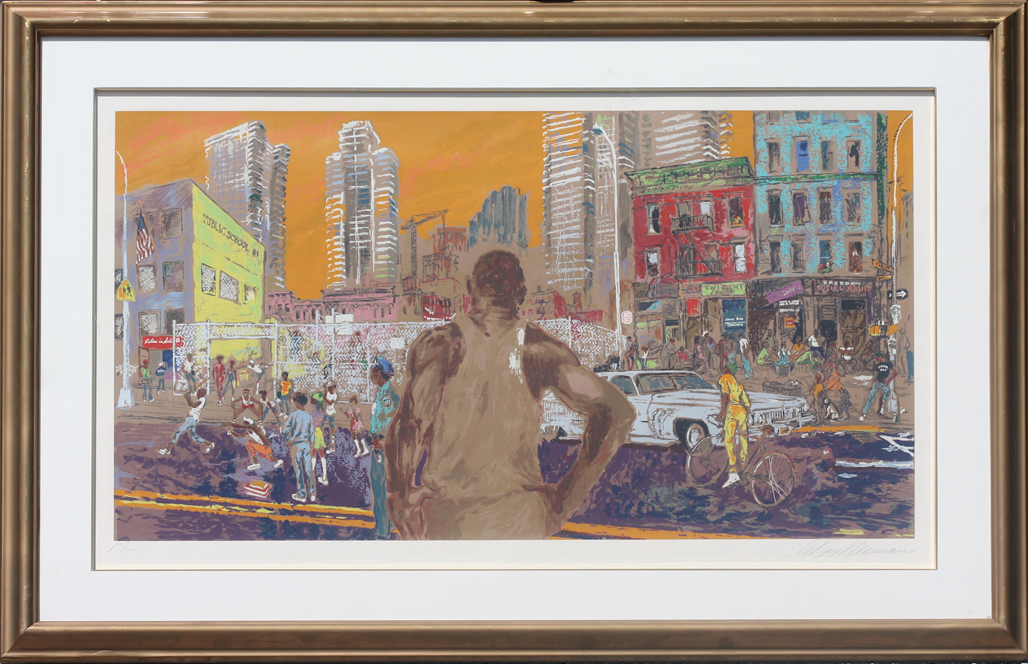 
Leroy Nieman, (American, 1921-2012)
Harlem Streets, serigraph in colors, signed in pencil, l.r. margin, numbered, 137/500.
Sight 26.5 by 43.5 in. (67.31 by 110.49 cm.), Overall, 55 by 47 in. (139.7 by 119.38 cm.)
Condition Report
Good condition.