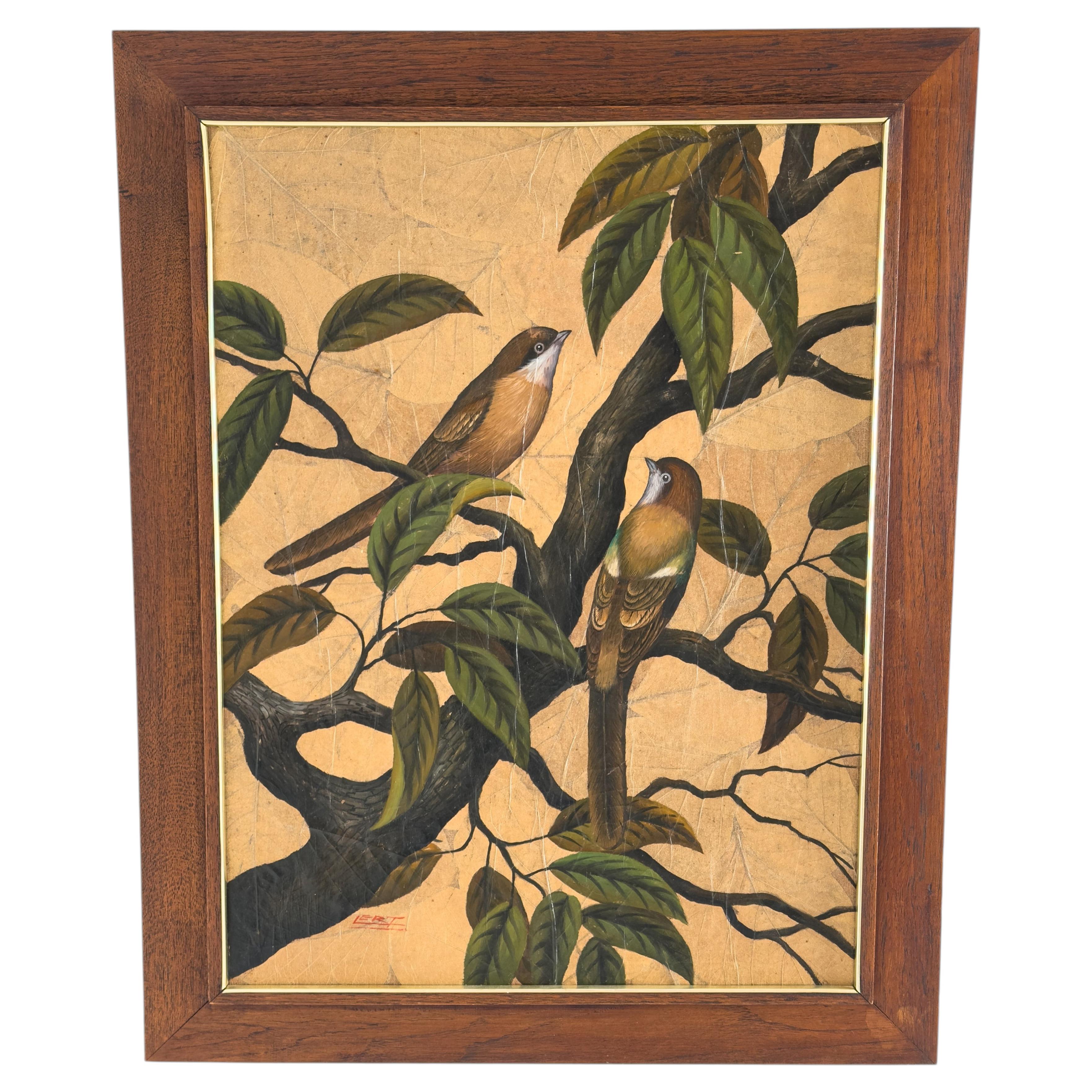 Lert Klur-Aroon Thai Bird Painting on Skeleton Leaf, Signed, 20th Century