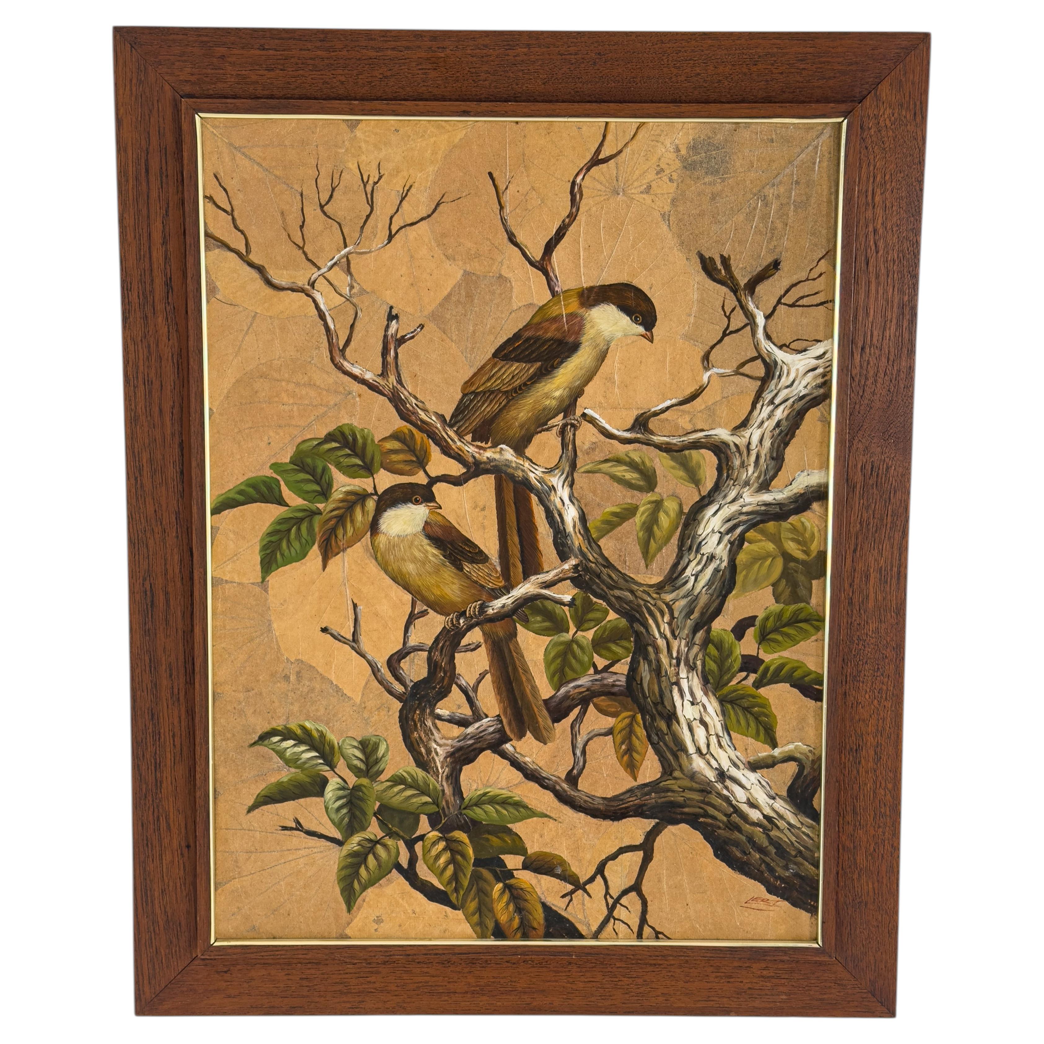 Lert Klur-Aroon Thai Bird Painting on Skeleton Leaf, Signed, 20th Century