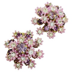 Leru, orecchini a clip firmati d'epoca con cristalli color lavanda e fiori