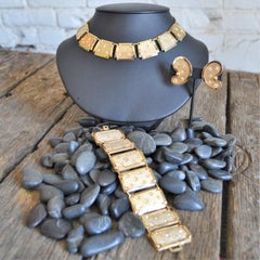 Leru Vintage Goldtone, Rhinestone Necklace Bracelet and Earrings Parure Set