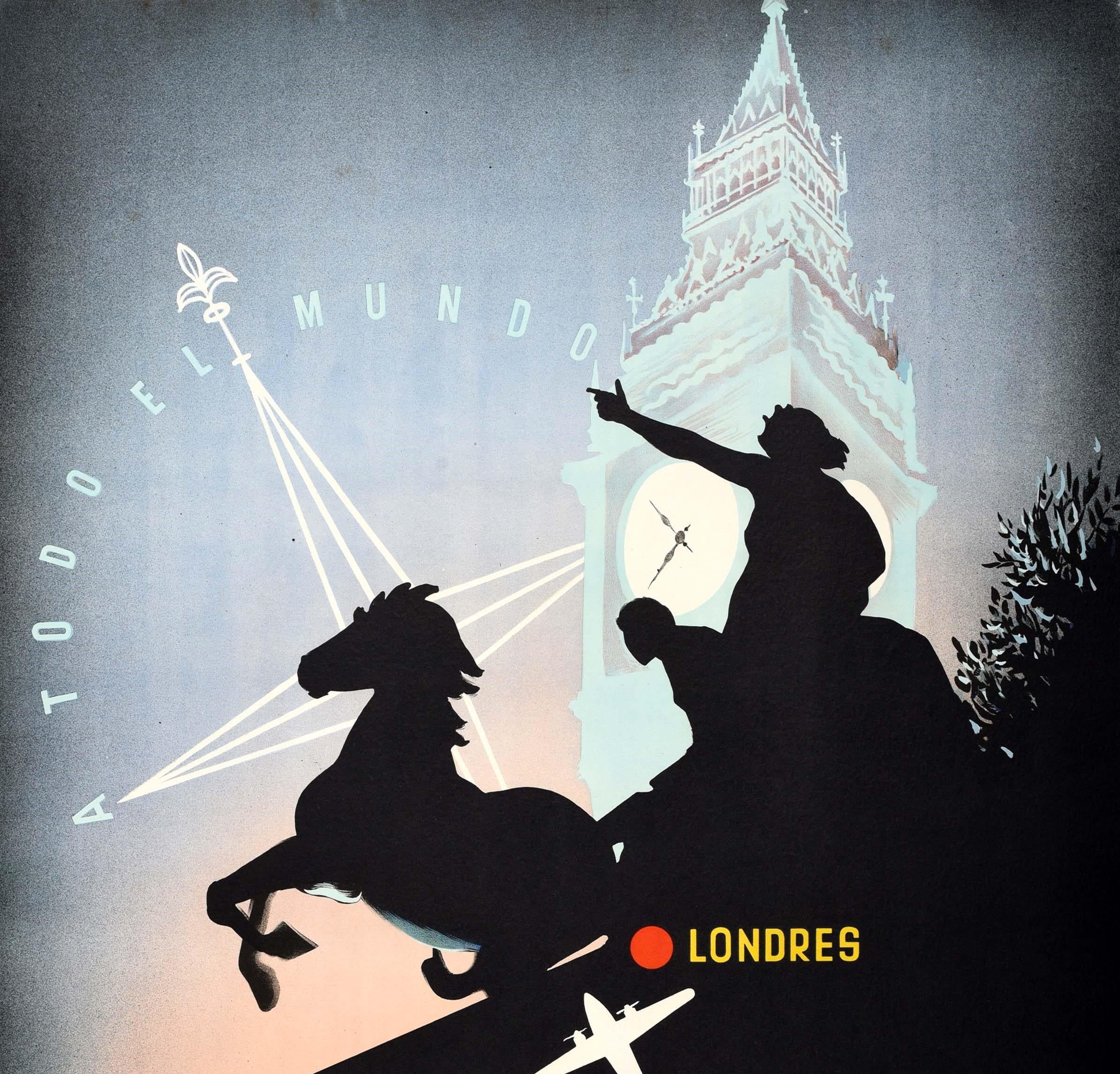Original Vintage Airline Travel Poster Madrid To London BEA To The Whole World - Print by Leruy
