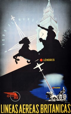 Original-Vintage-Reiseplakat Airline, Madrid To London, BEA To The Whole World