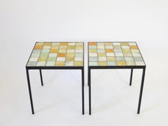 Les 2 Potiers French Ceramic Tile Pair of Side End or Small Coffee Tables