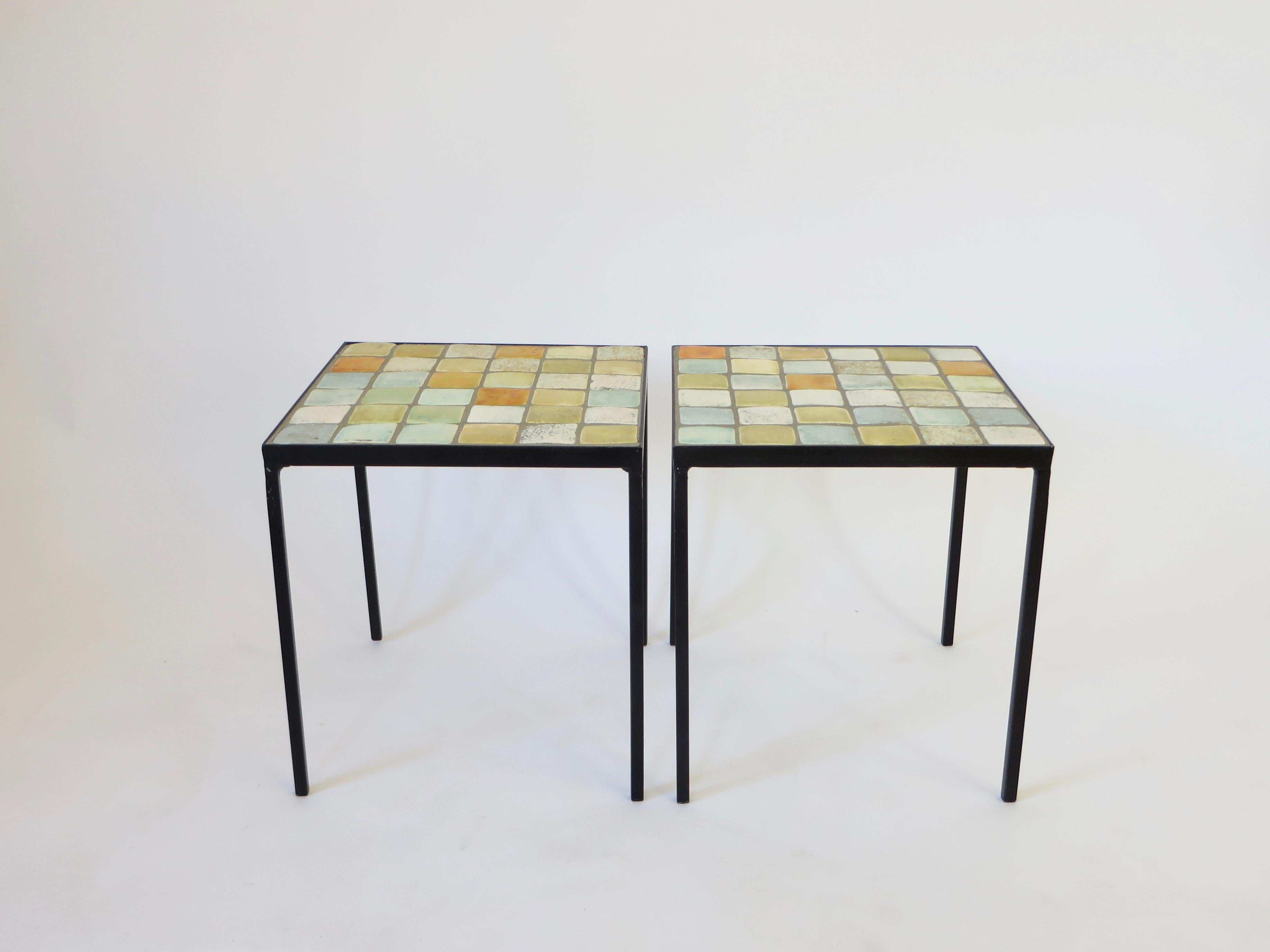 Mid-Century Modern Les 2 Potiers French Ceramic Tile Pair of Side End or Small Coffee Tables
