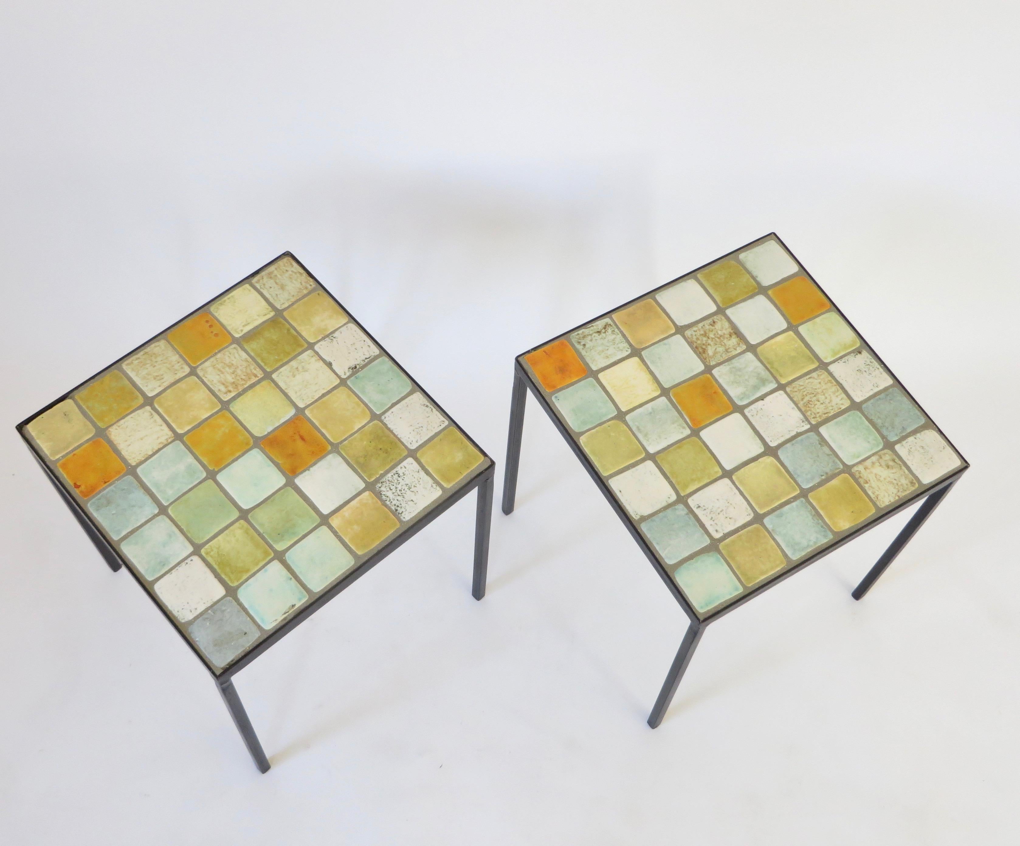 Les 2 Potiers French Ceramic Tile Pair of Side End or Small Coffee Tables In Good Condition In Chicago, IL