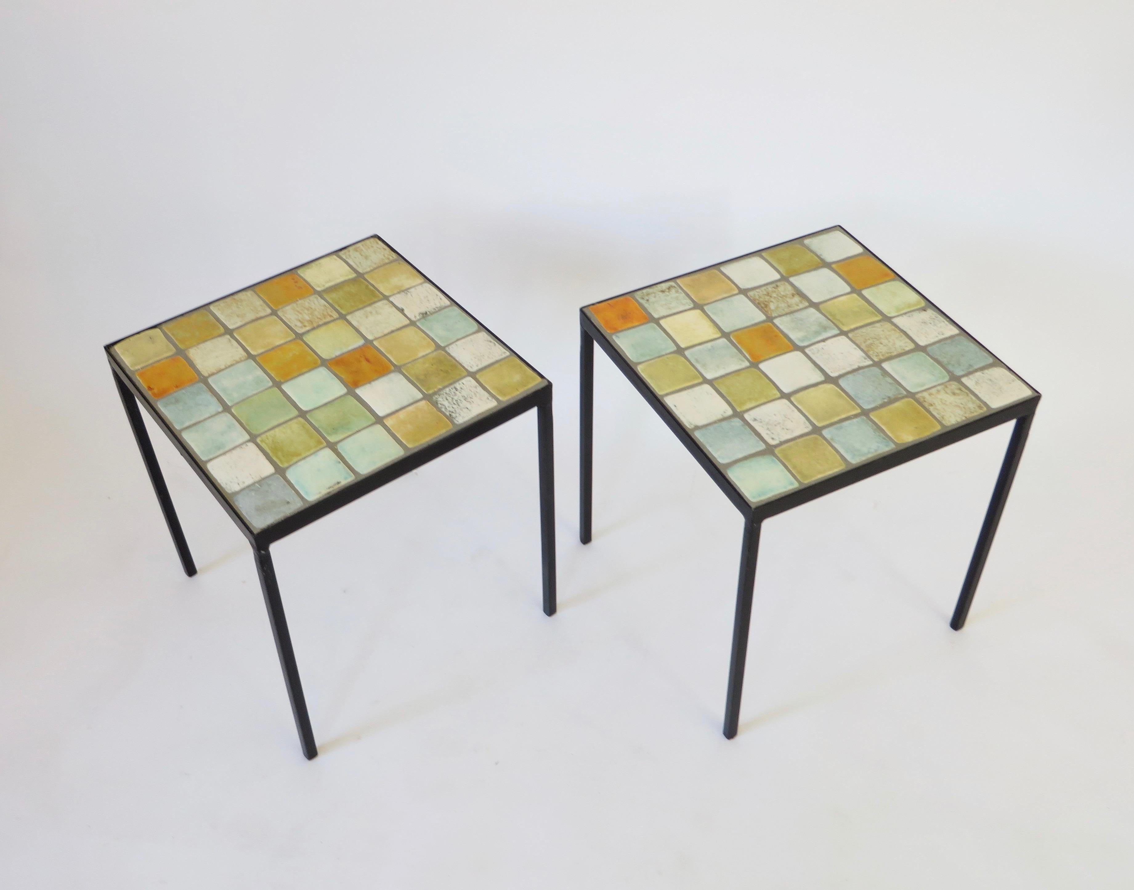 Mid-20th Century Les 2 Potiers French Ceramic Tile Pair of Side End or Small Coffee Tables