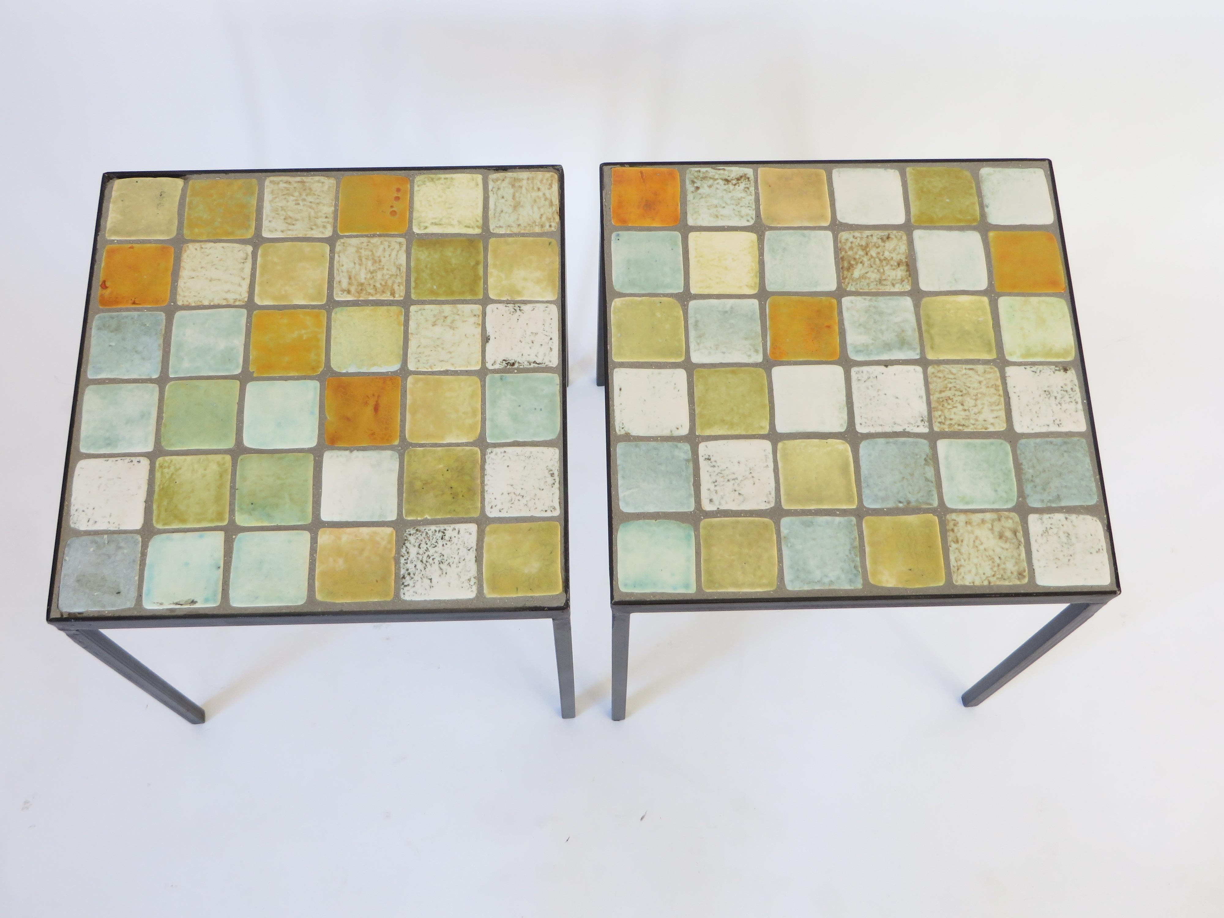 Les 2 Potiers French Ceramic Tile Pair of Side End or Small Coffee Tables 2