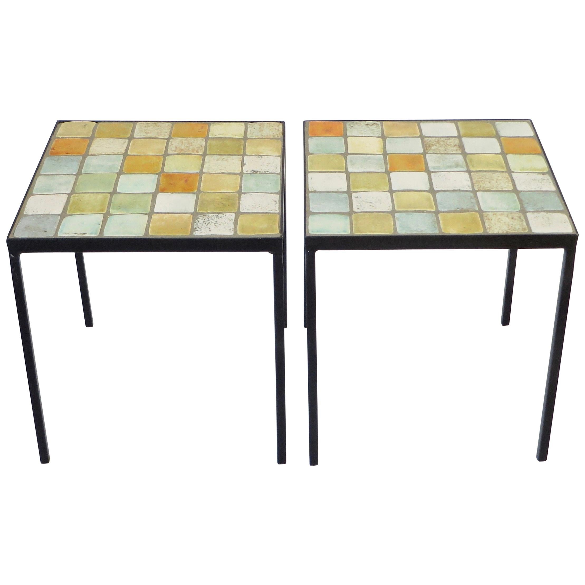 Les 2 Potiers French Ceramic Tile Pair of Side End or Small Coffee Tables