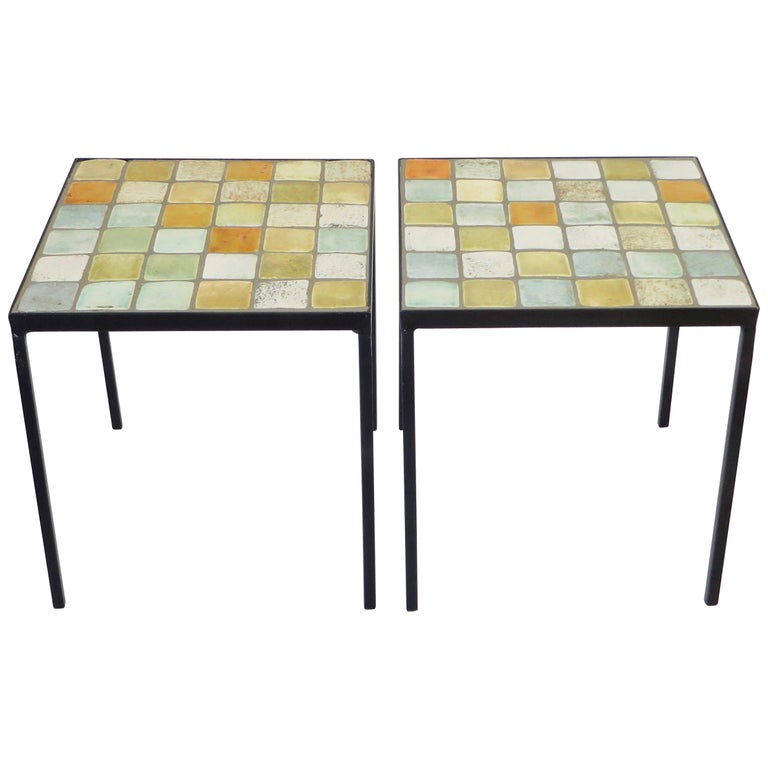 Les 2 Potiers French Ceramic Tile Pair Of Side End Or Small Coffee Tables At 1stdibs