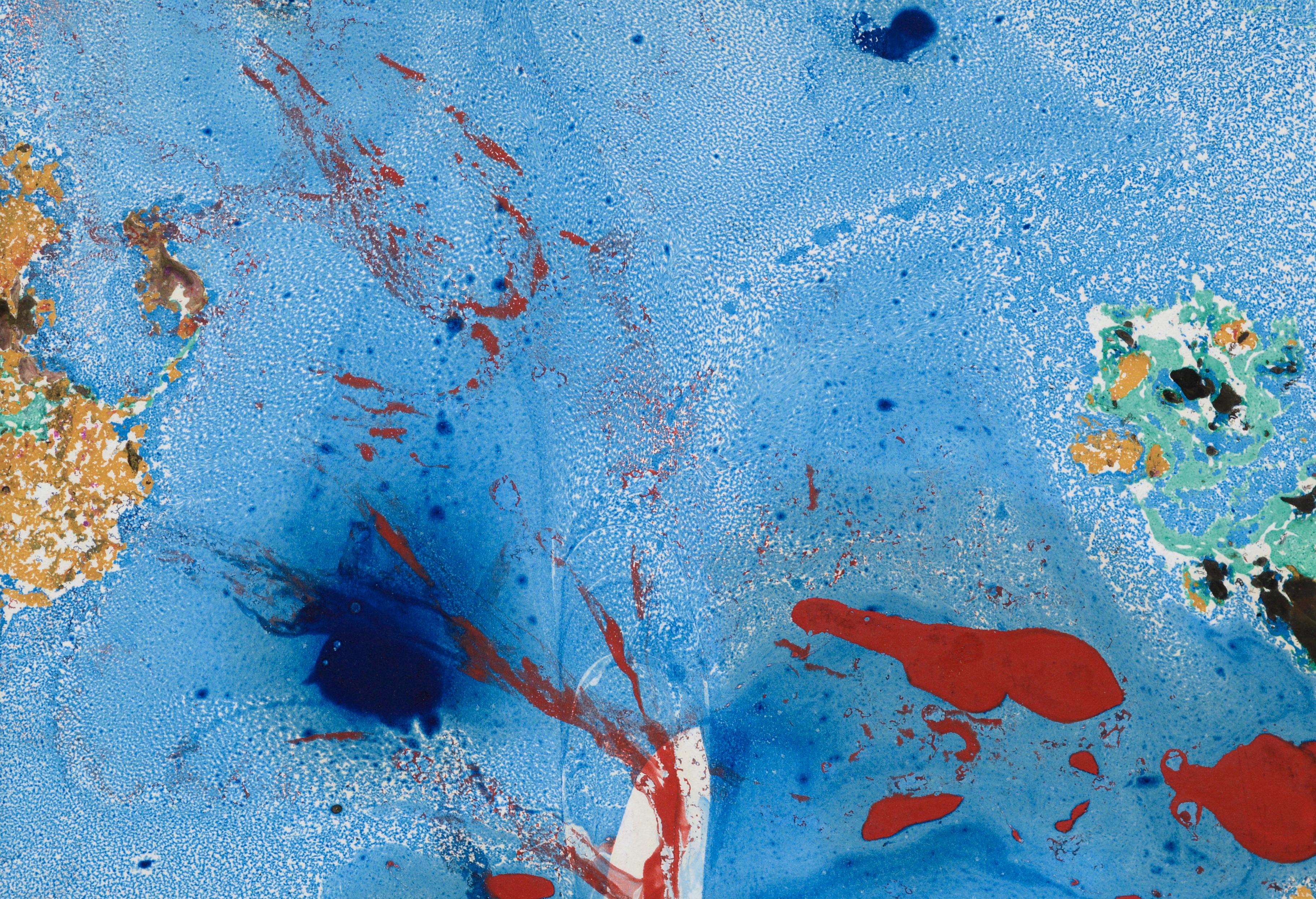Blue Abstract with Red Splatter - Abstract Expressionist Painting by Les Anderson
