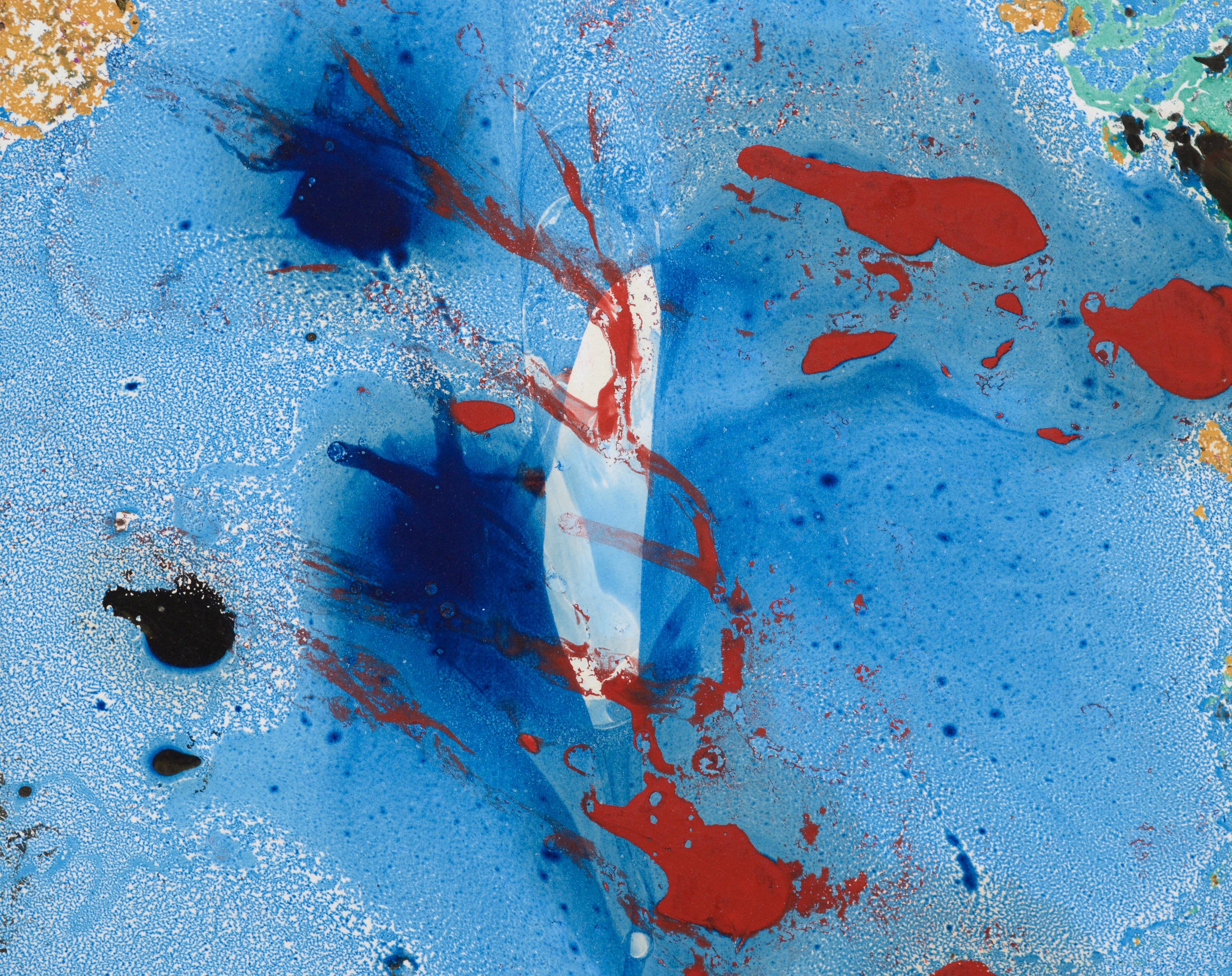 Blue Abstract with Red Splatter - Gray Abstract Painting by Les Anderson