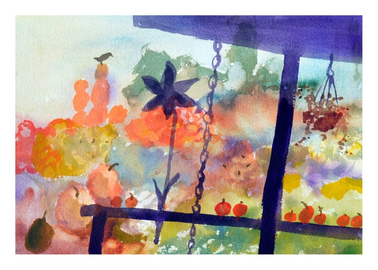 Autumn Garden Porch Abstracted Landscape with Pumpkins  - Art by Les Anderson