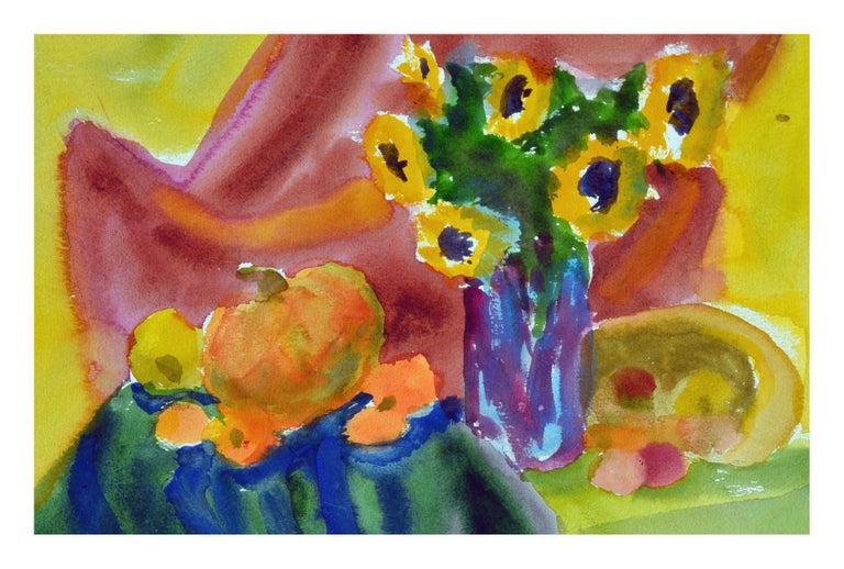 Harvest Still Life with Sunflowers and Pumpkin  - Painting by Les Anderson