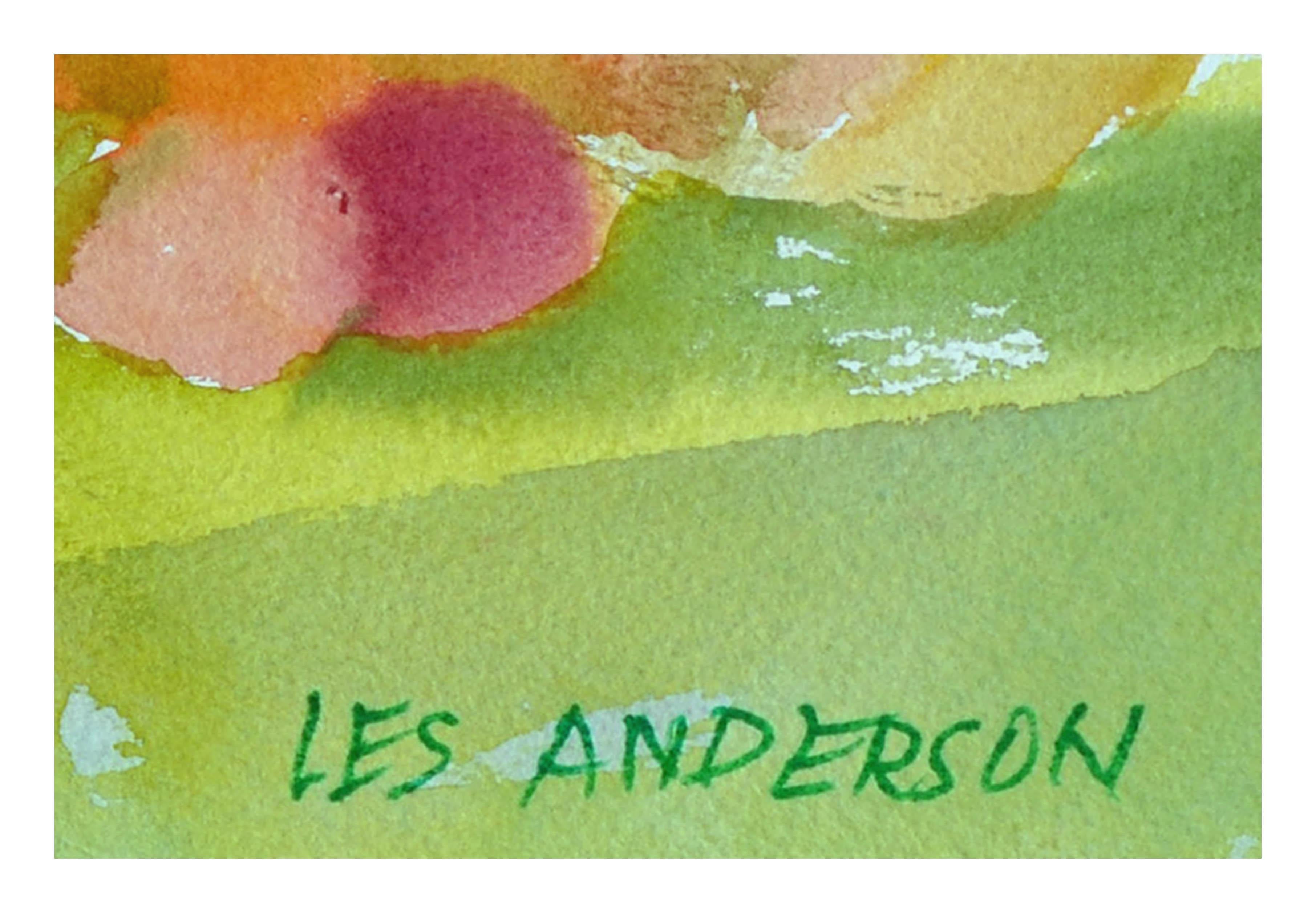 Nature morte de la moisson avec tournesols et cuir de chasuble  - Marron Landscape Painting par Les Anderson