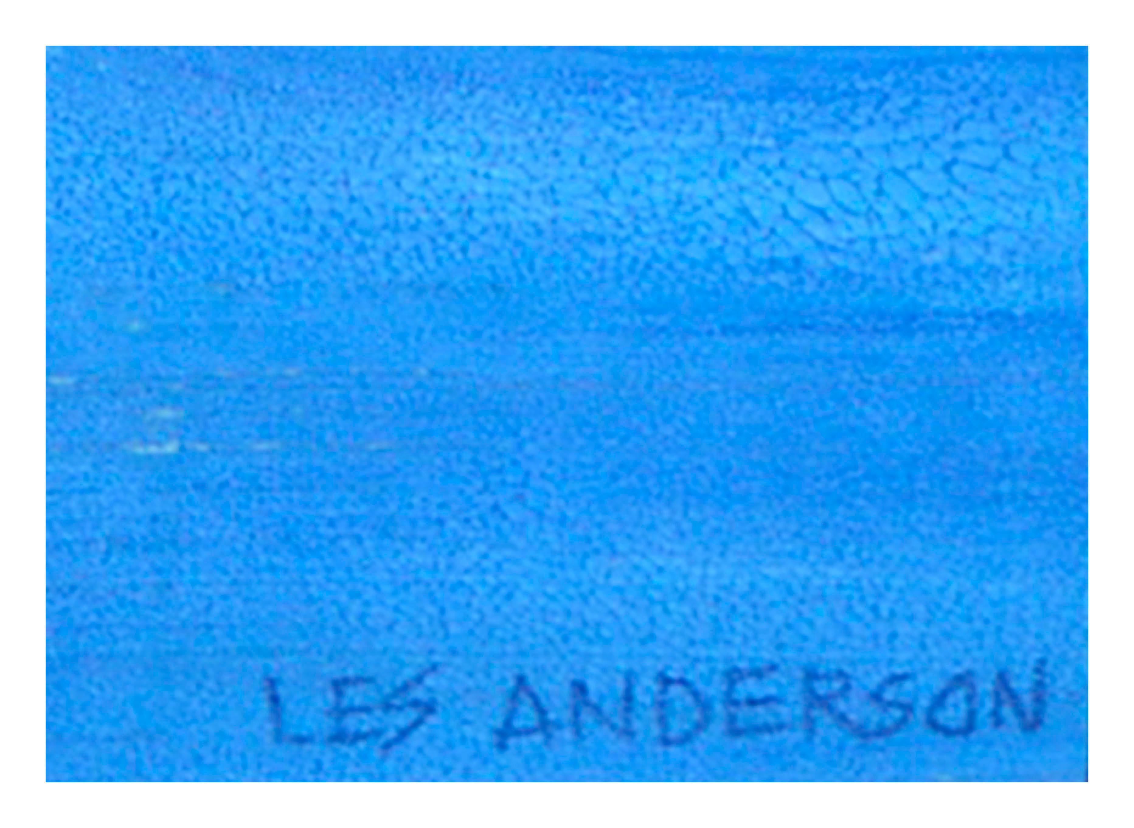 Vibrante marina abstraite aux couleurs audacieuses et aux formes géométriques de Les (Leslie Luverne) Anderson (américain, 1928-2009). De la propriété de Les Anderson à Monterey, Californie. Signé 