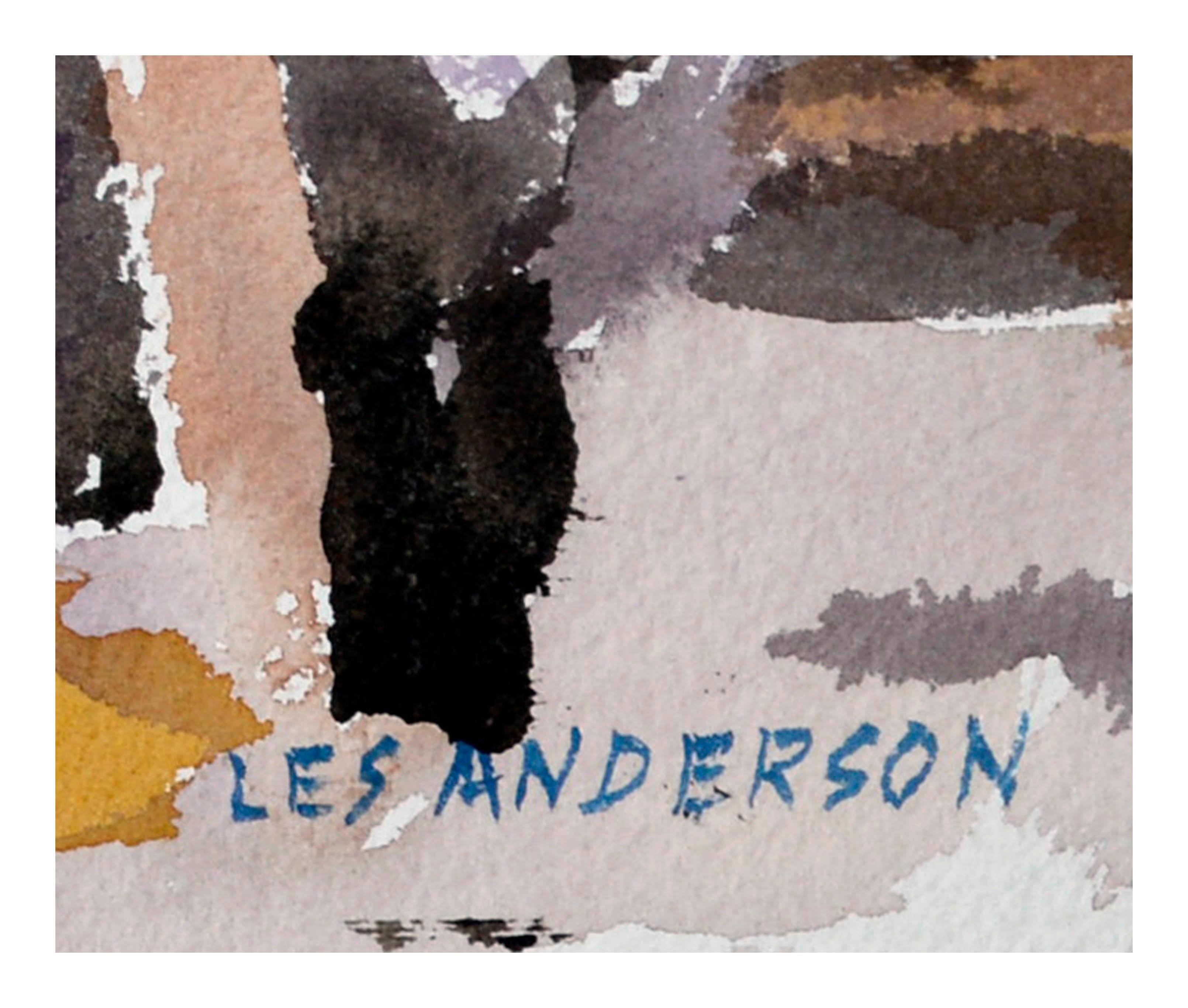 Abstraite violette et ocre - Marron Landscape Painting par Les Anderson