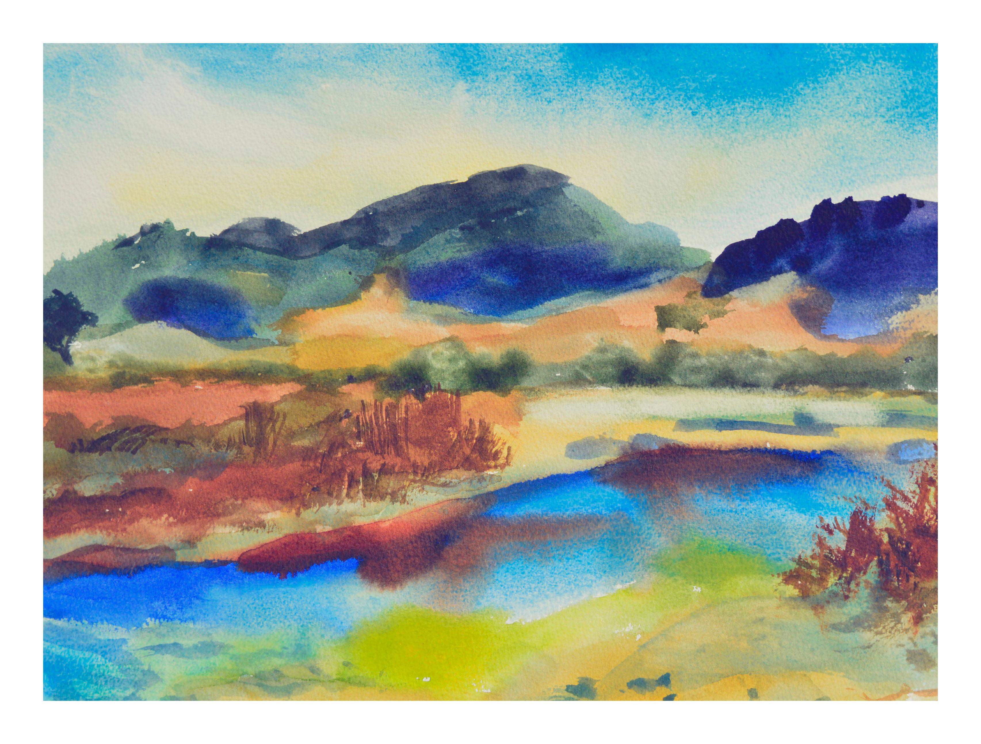 Tranquil Lake Watercolor Landscape - Painting by Les Anderson