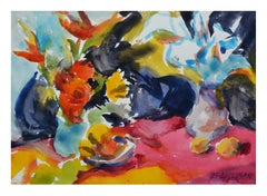 Vibrant Floral Still Life with Red Table