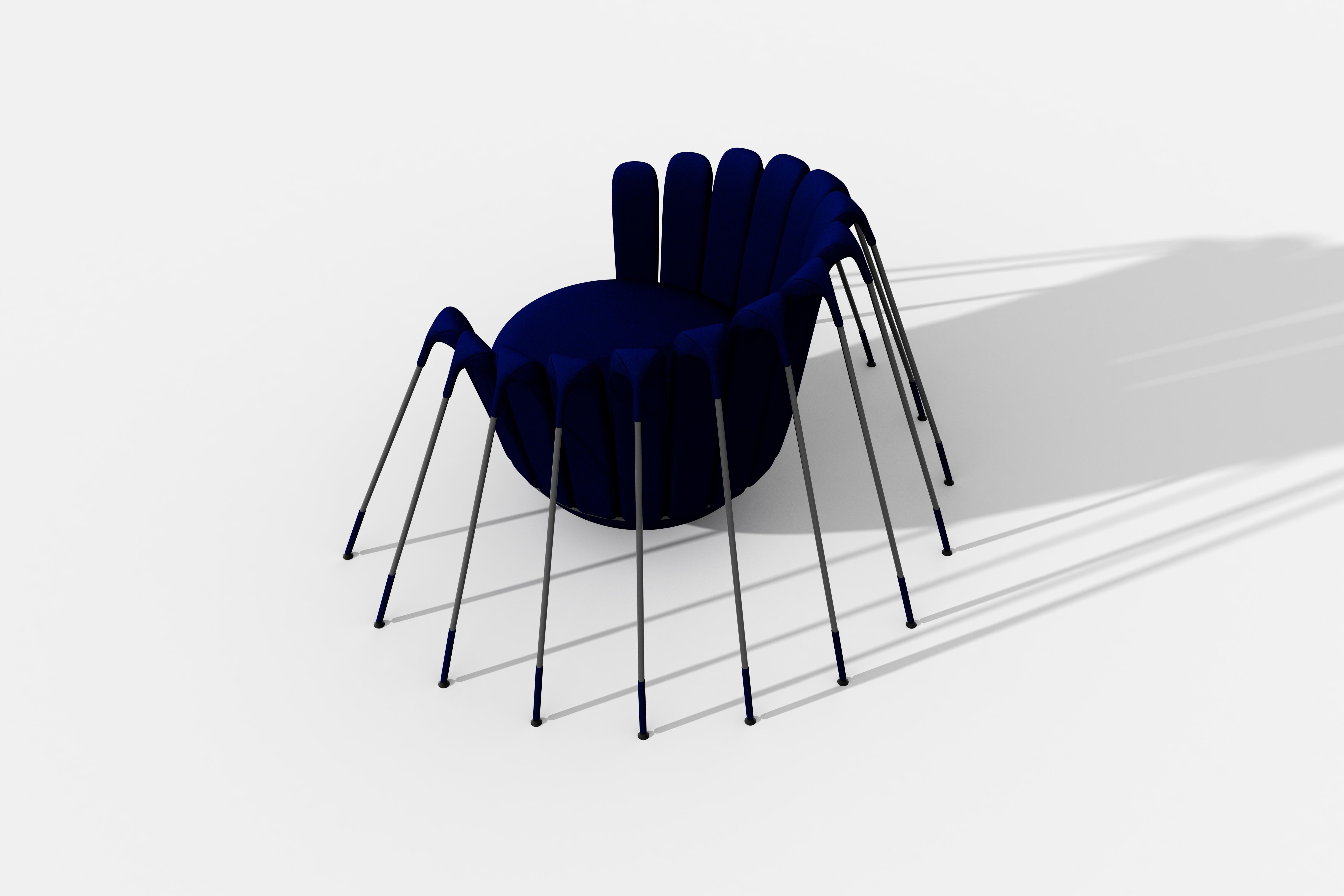 Les Araigneés armchair is upholstered with blue velvet and placed on a hemispherical base, which is suspended by a multitude of high gloss black metal legs.

In the vivid imagination of Parisian-Italian designer Marc Ange, “Les Araigneés drew