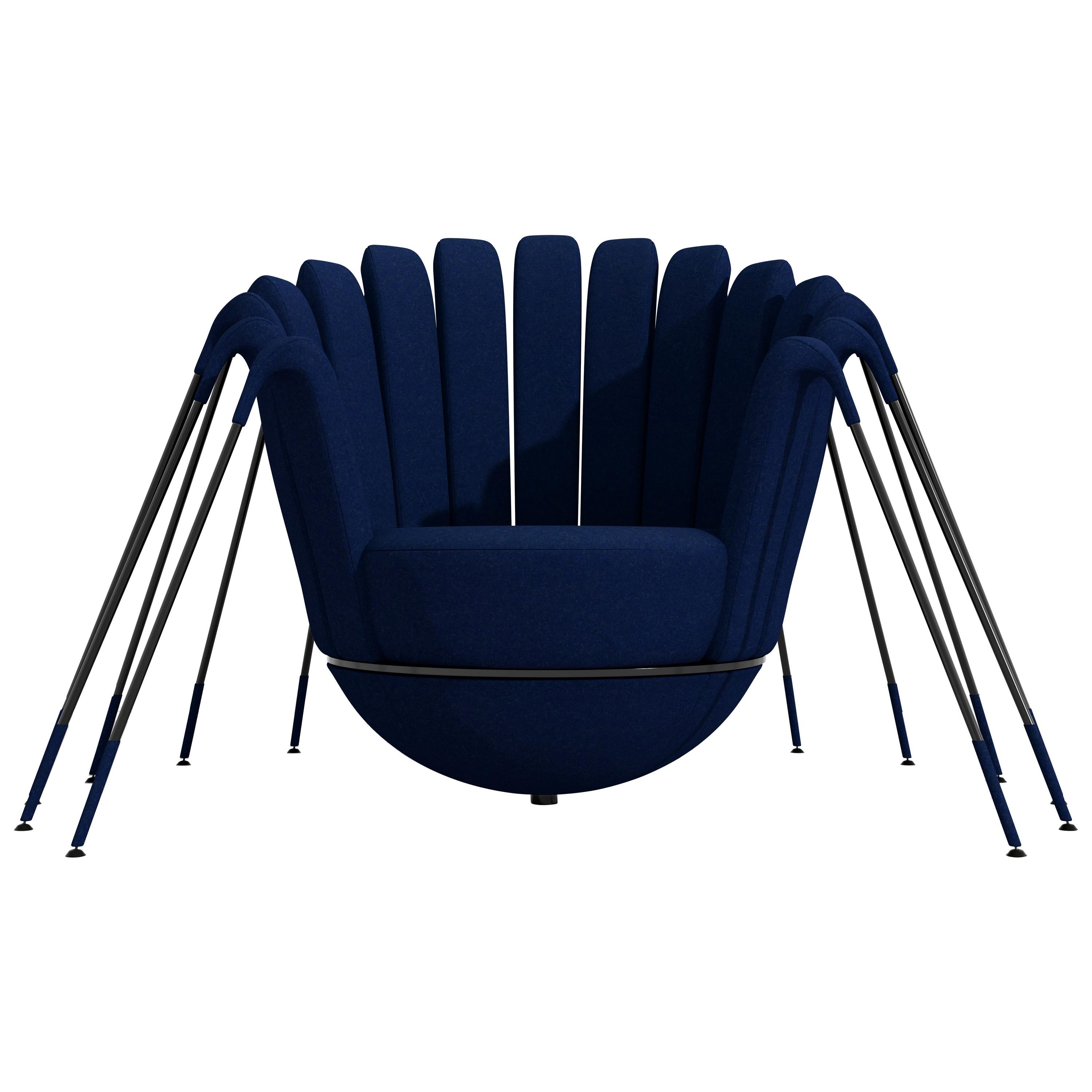 Les Araignée Armchair by Marc Ange with Black Legs and Blue Velvet Upholstery For Sale