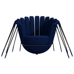 Les Araignée Armchair by Marc Ange with Black Legs and Blue Velvet Upholstery