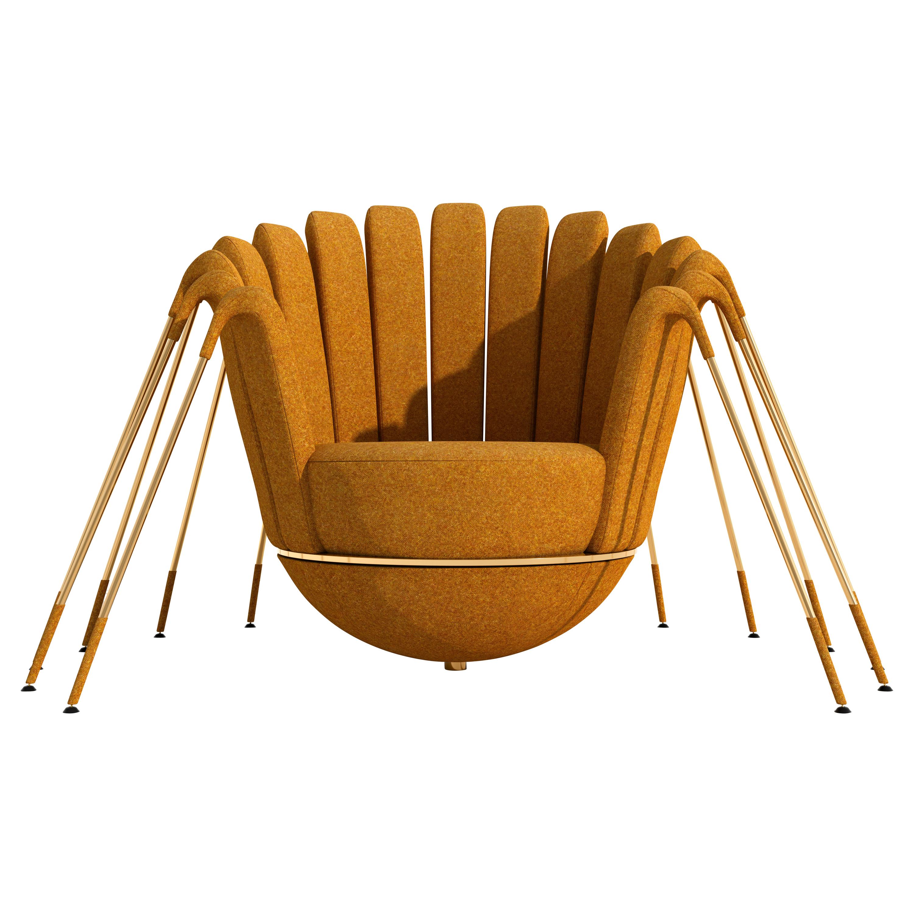 Les Araignée Armchair by Marc Ange with Golden Legs and Gold Velvet Upholstery For Sale