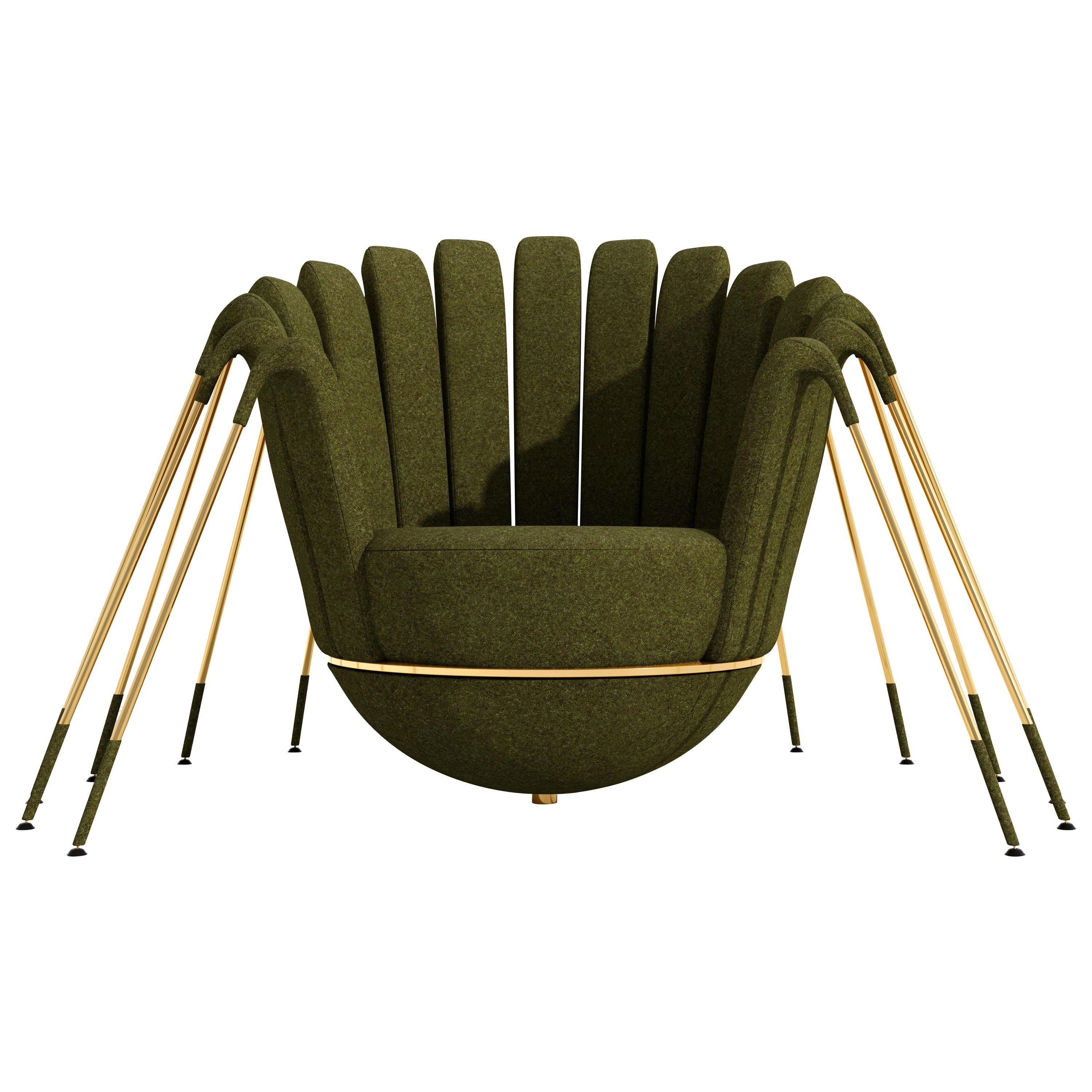Les Araignée Armchair by Marc Ange with Golden Legs and Green Velvet Upholstery For Sale
