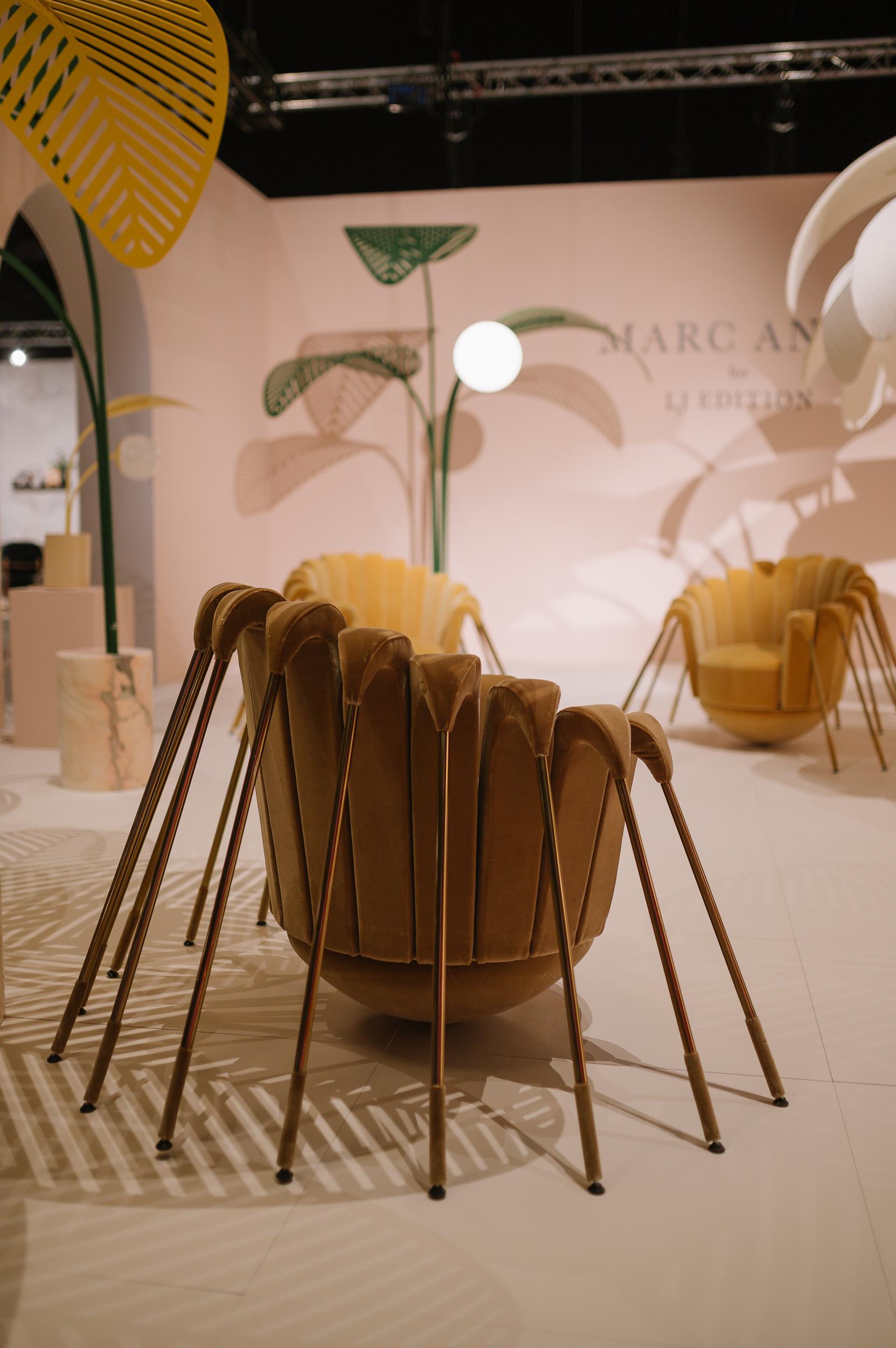 Contemporary Les Araignée Armchair by Marc Ange with Golden Legs and Powder Pink Upholstery For Sale