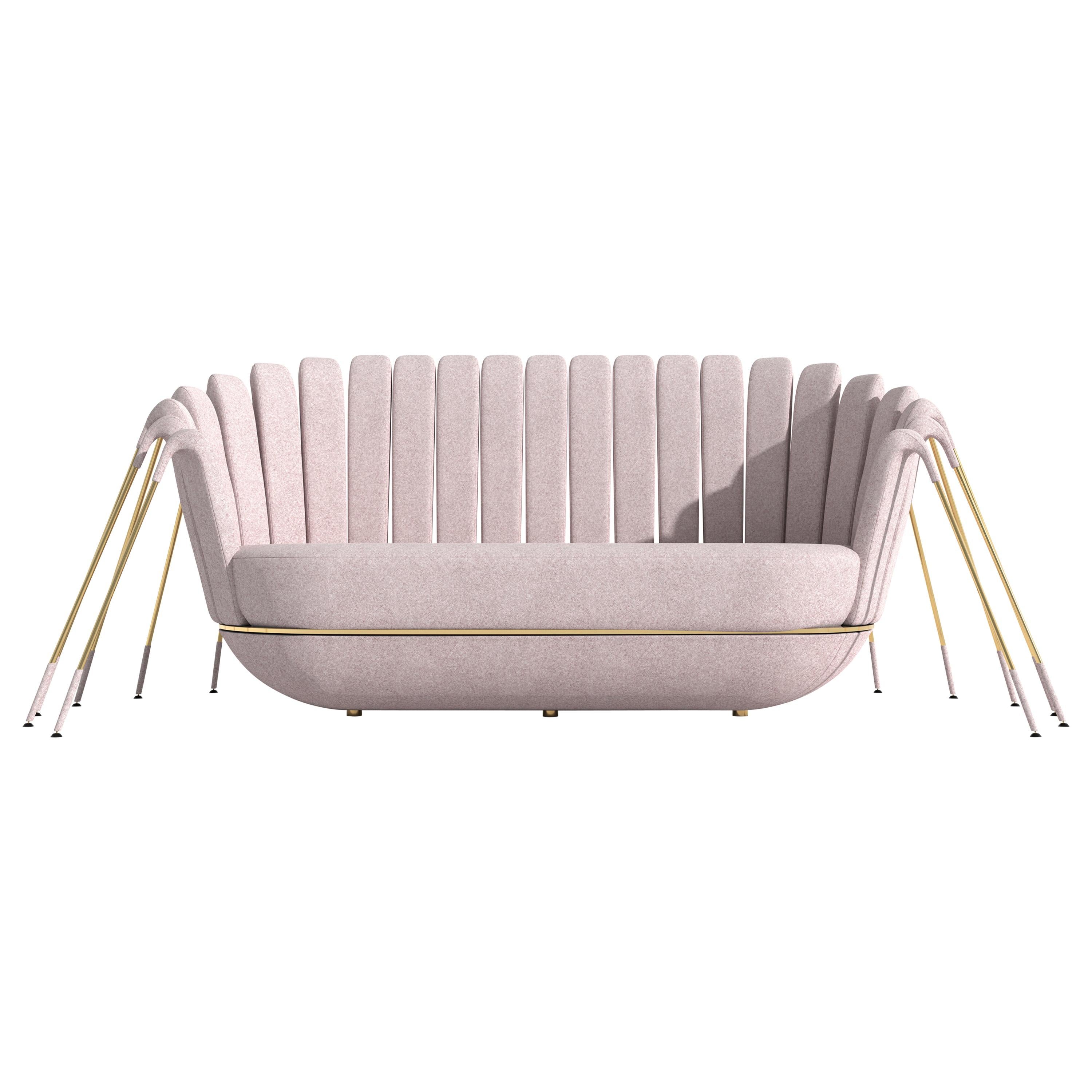 Les Araignée Sofa by Marc Ange with Gold Legs and Powder Pink Fabric Upholstery For Sale