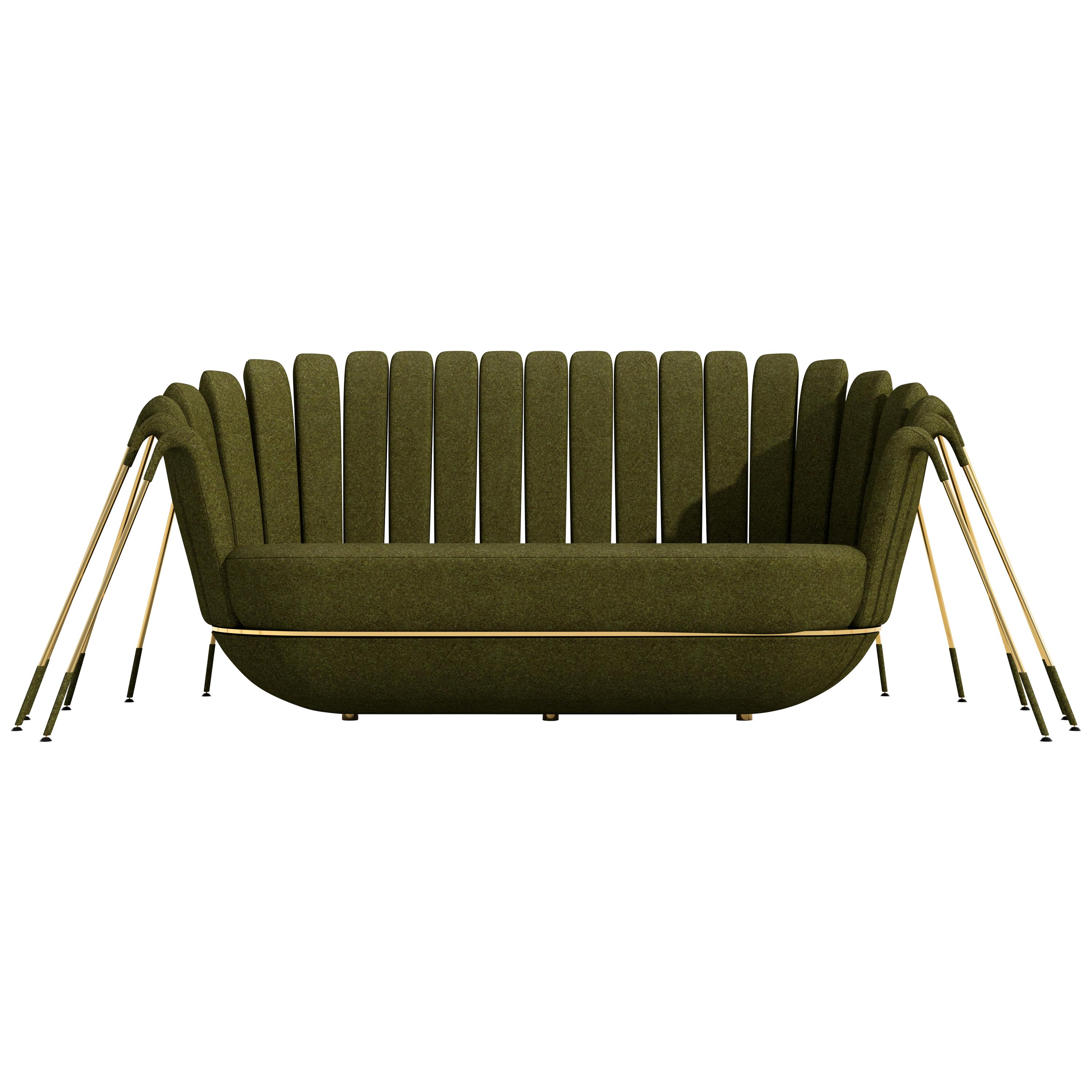 Les Araignée Sofa by Marc Ange with Gold Metal Legs and Green Velvet Upholstery For Sale