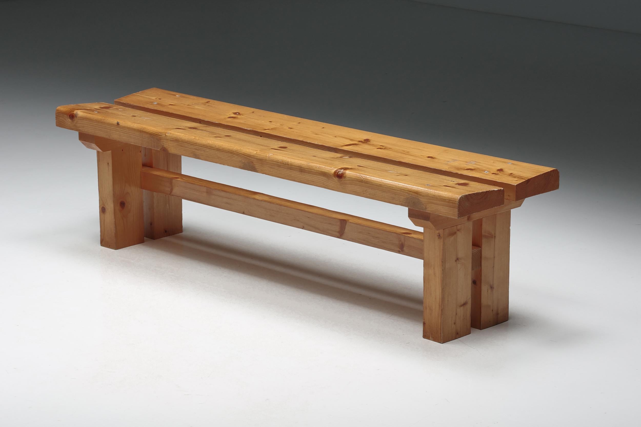 Les Arcs; bench; Backrest; Charlotte Perriand; Pine; French Modernism; 1970s;

Pine bench designed by the French designer Charlotte Perriand in the 1970s. It is composed of four feet connected by a spacer and two thick slats forming the seat, all