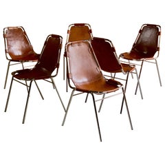Les Arcs Dining Chairs Leather, Set of Six, 1960s