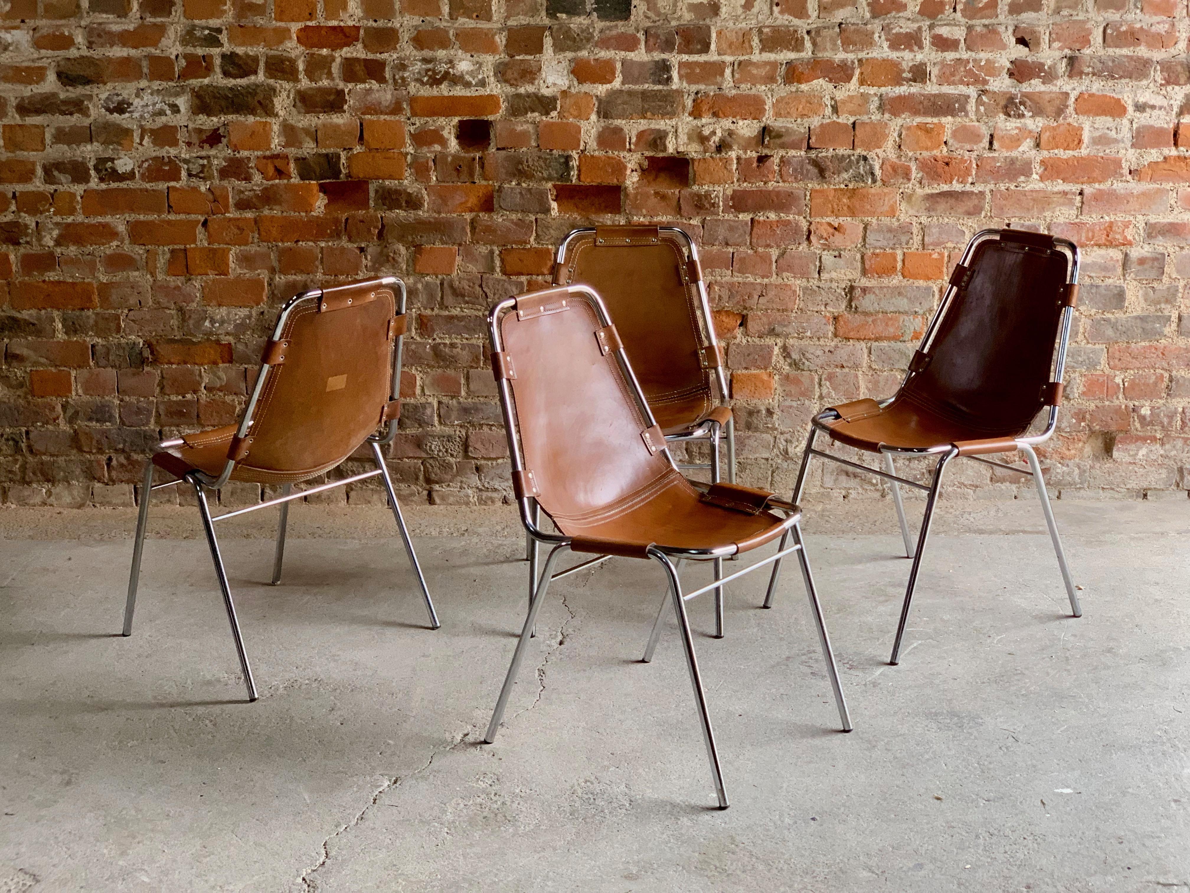 Les Arcs Dining Chairs Set of Four Charlotte Perriand Leather Tan, 1970s 4