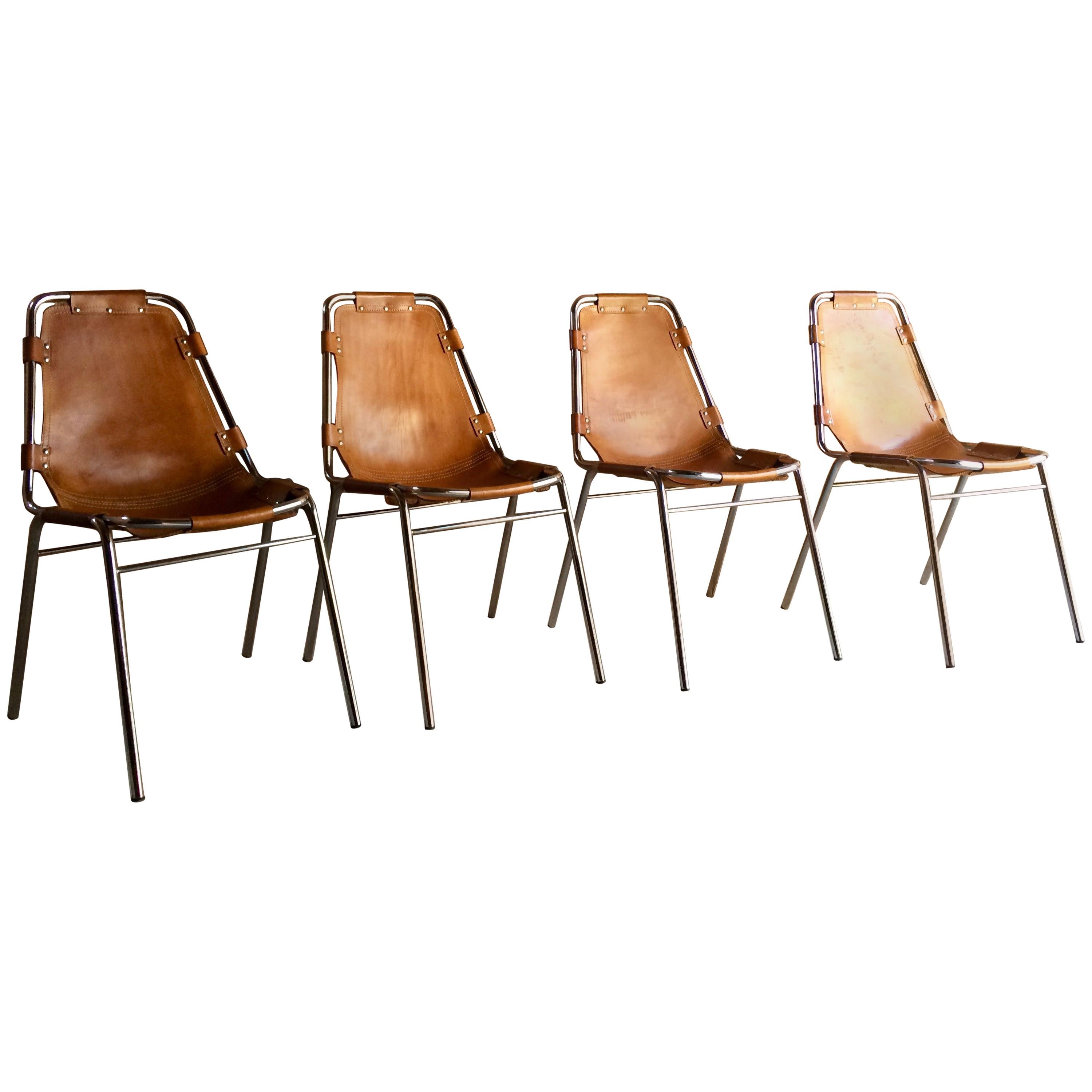 Mid-Century Modern Les Arcs Set of Four Leather Tan Dining Chairs, 1970s
