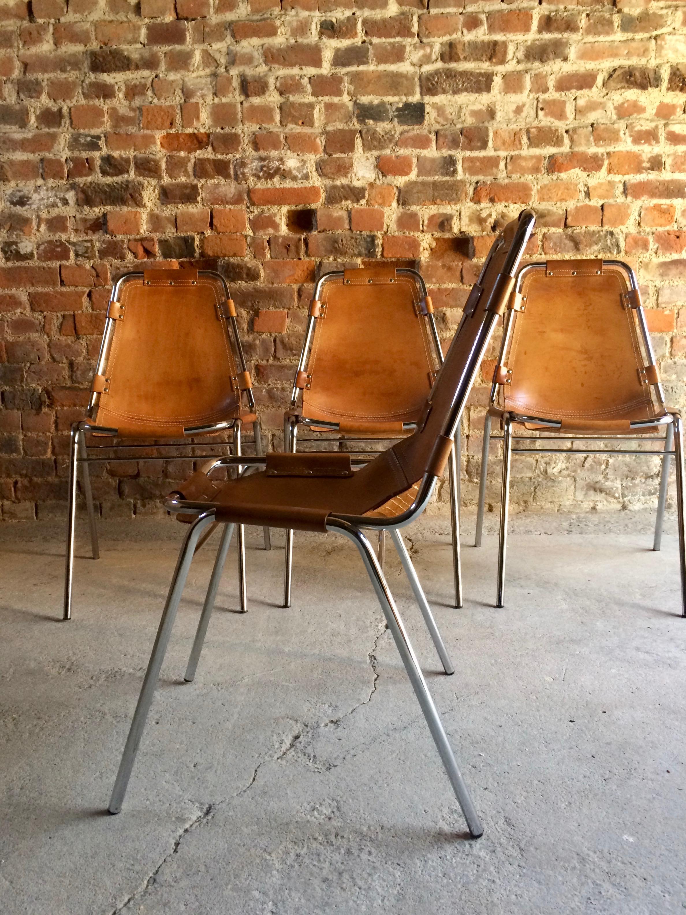 Italian Les Arcs Set of Four Leather Tan Dining Chairs, 1970s