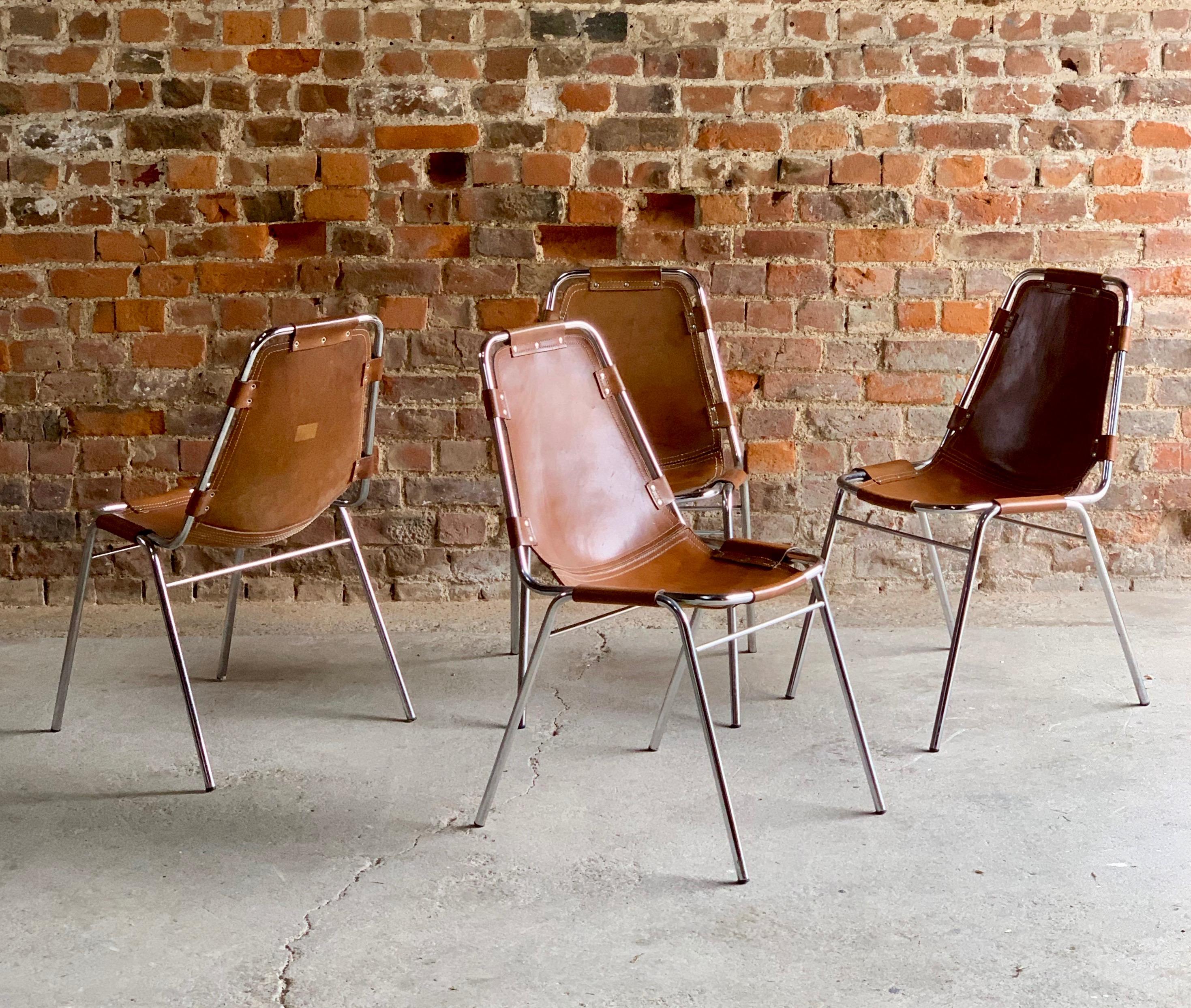 Mid-Century Modern Les Arcs Dining Chairs Set of Four Charlotte Perriand Leather Tan, 1970s