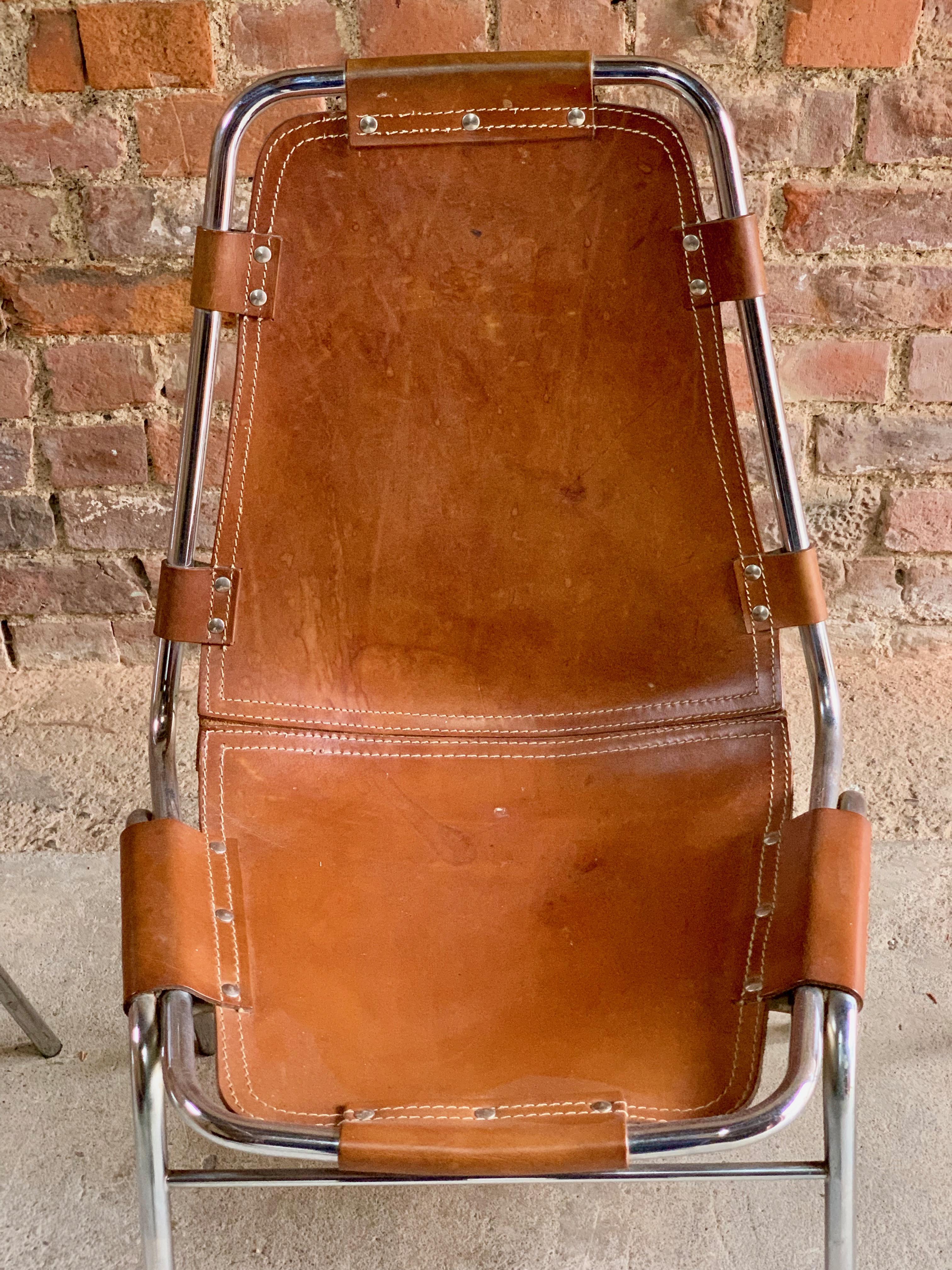 Les Arcs Set of Four Leather Tan Dining Chairs, 1970s 2