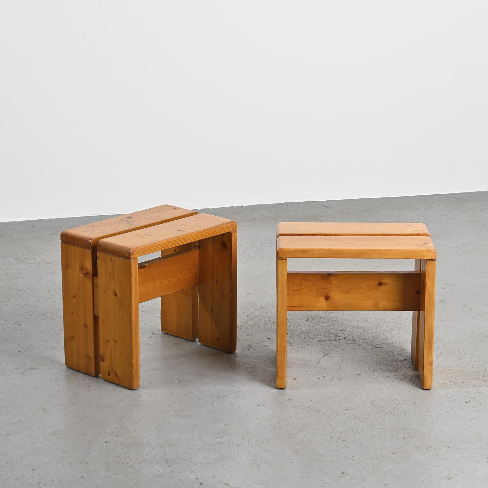 Mid-Century Modern Les Arcs Pair of Pine Stools, French Alps circa 1970 For Sale