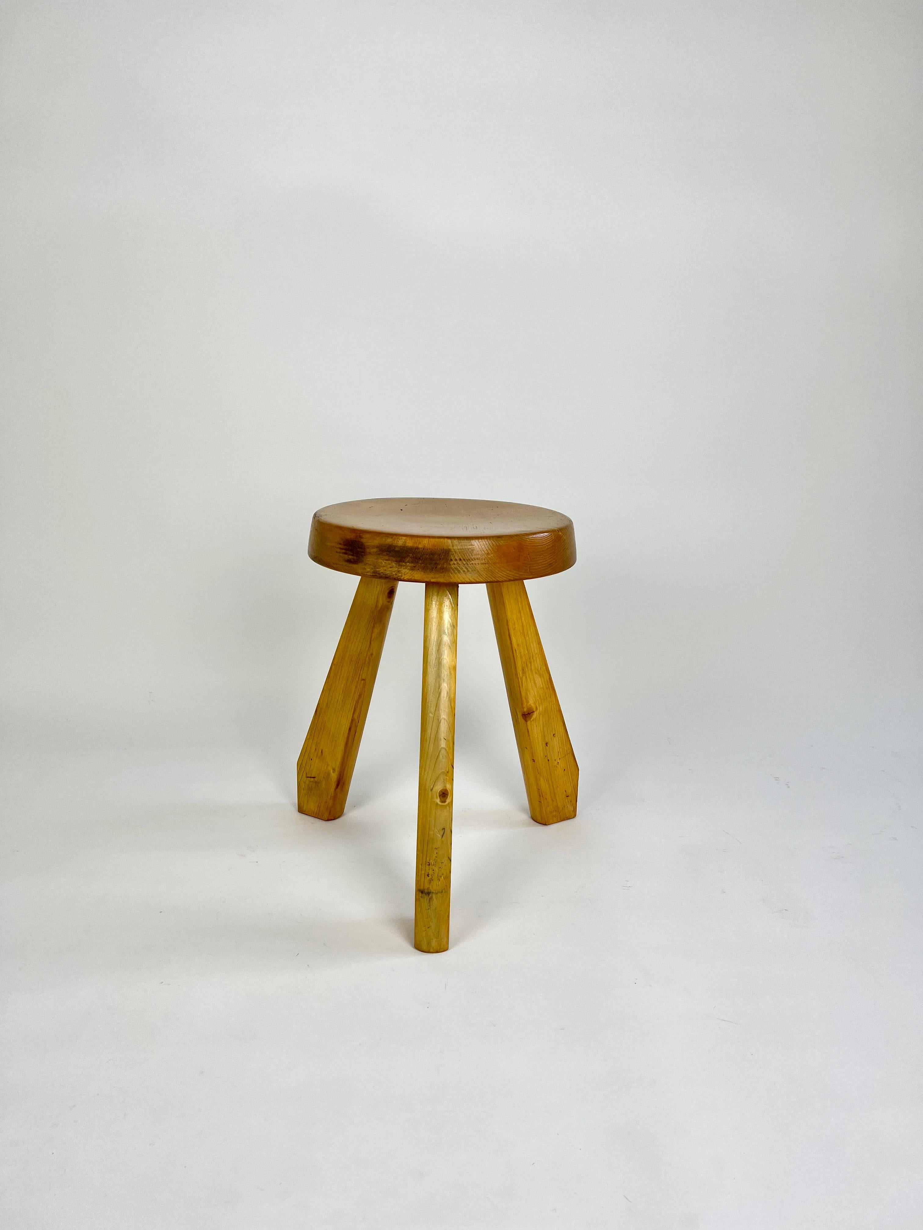 Rare pine Sandoz stool by Charlotte Perriand, circa 1960 from Les Arcs.

The stool was sourced from a chalet clearance in the Haute Savoie region of France.

Original condition, with signs of age and use, age related wear as pictured. Structurally