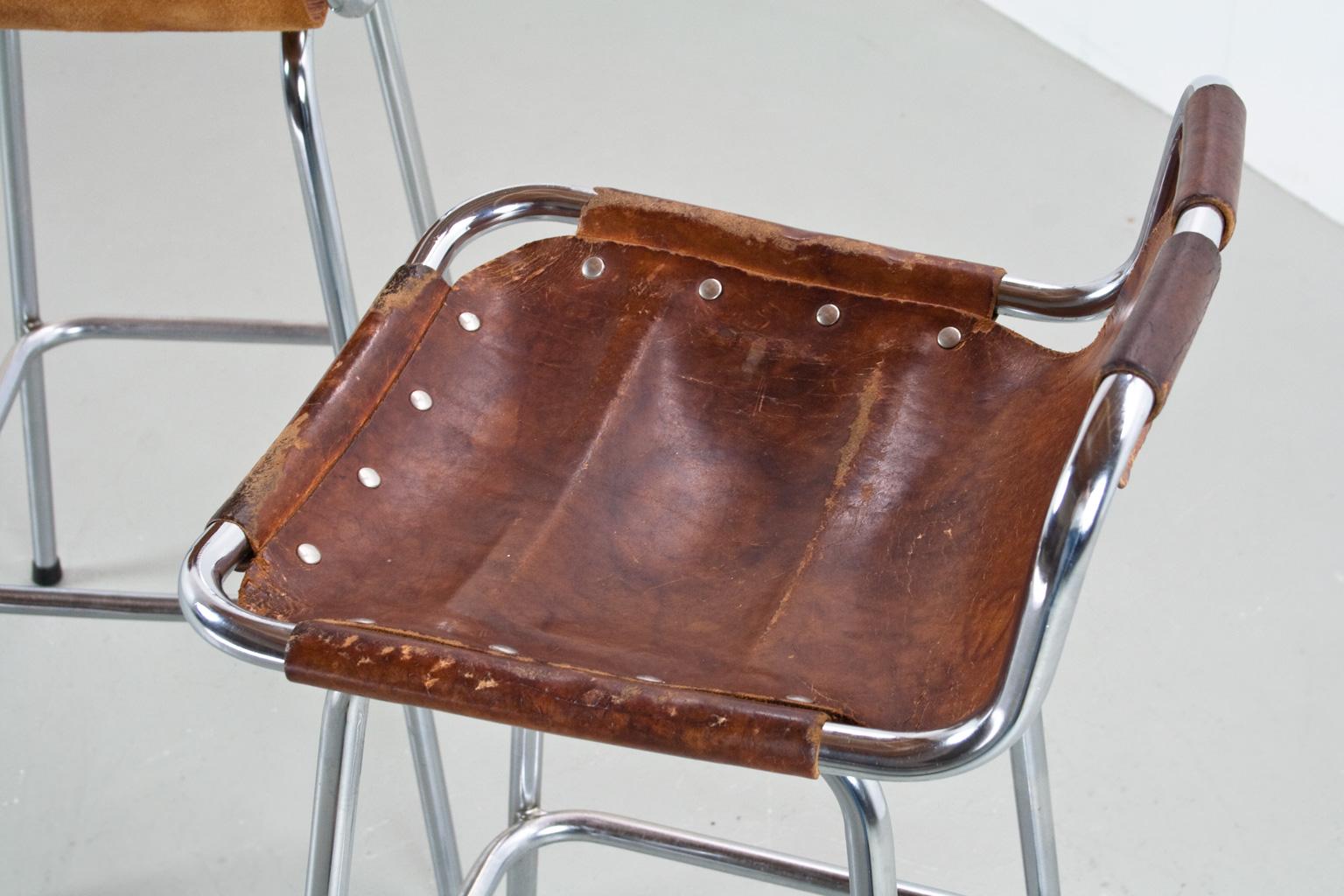 Les Arcs Stool in Camel Coloured Leather, Mid-Century Modern French, 1960s 3