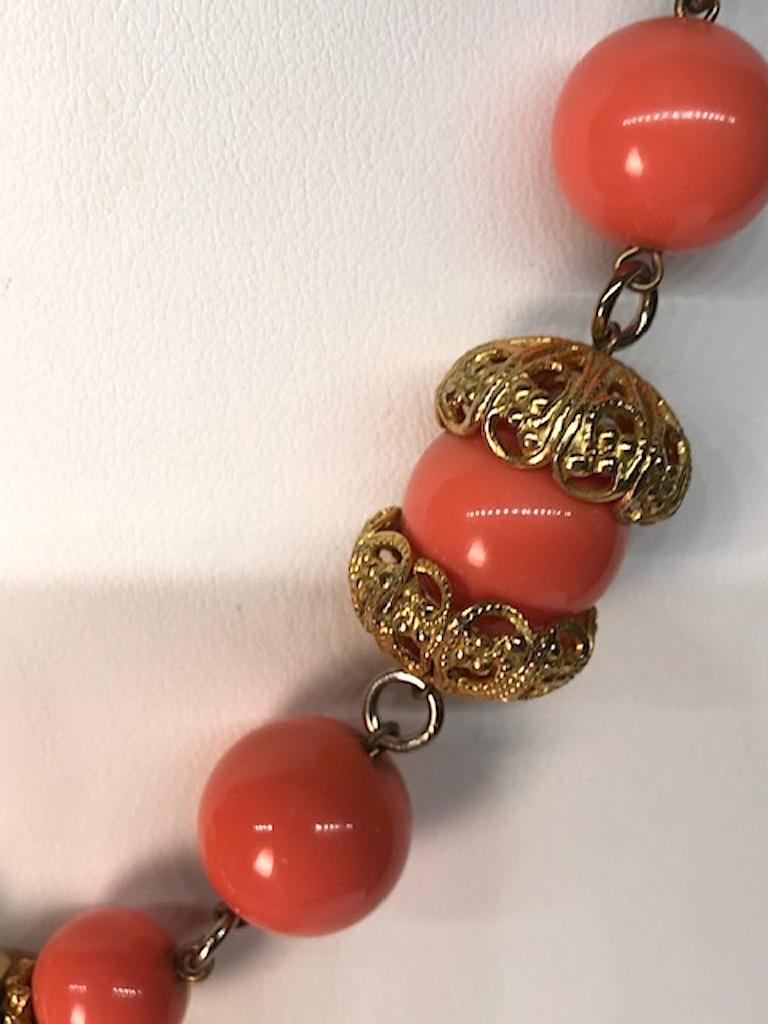 Les Bernard 1980s Coral Cabochon & Gold 1980s Necklace 6