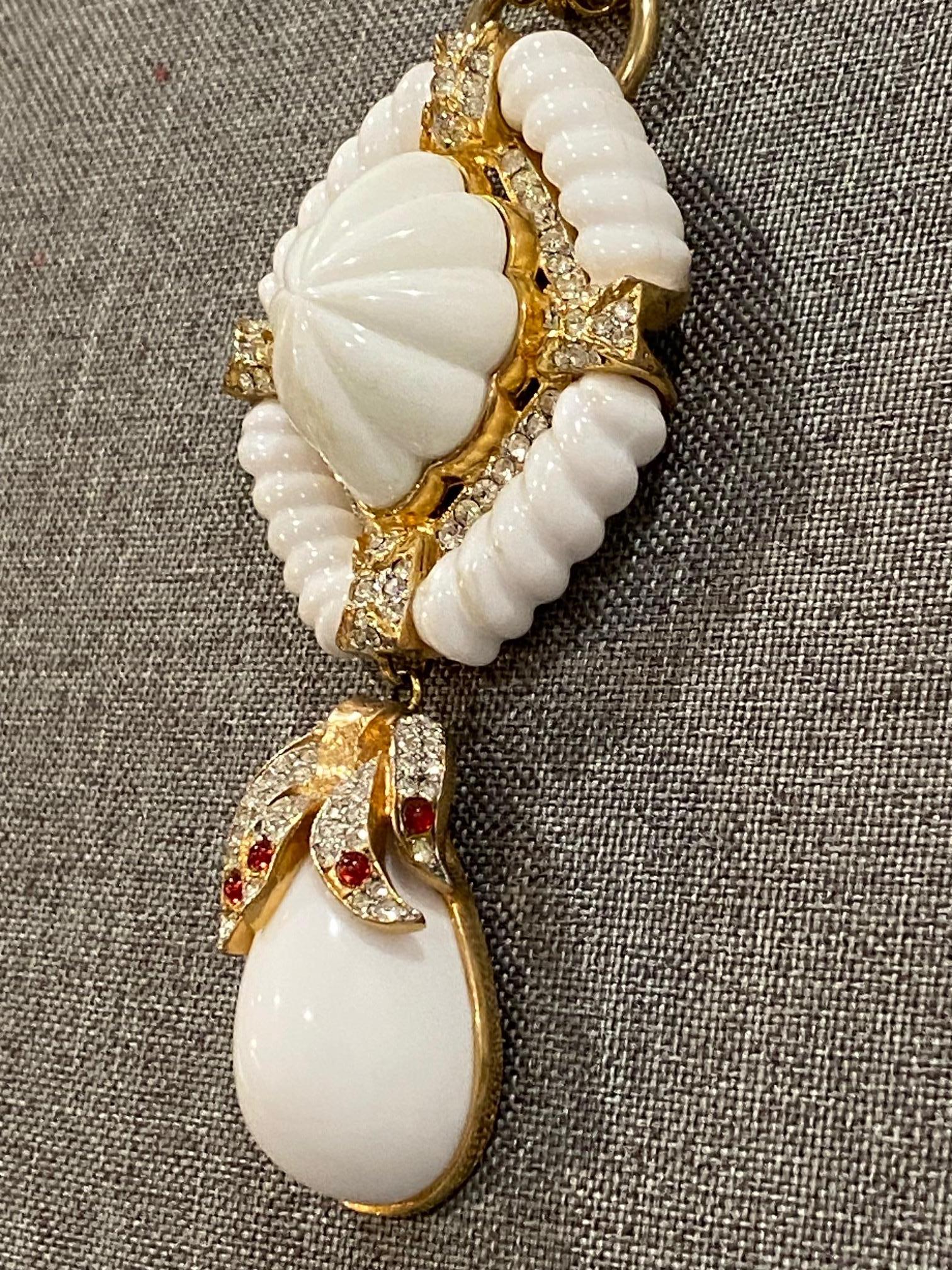 Les Bernard 1980s Pendant Necklace in Gold & White with Rhinestone Accent In Good Condition In New York, NY