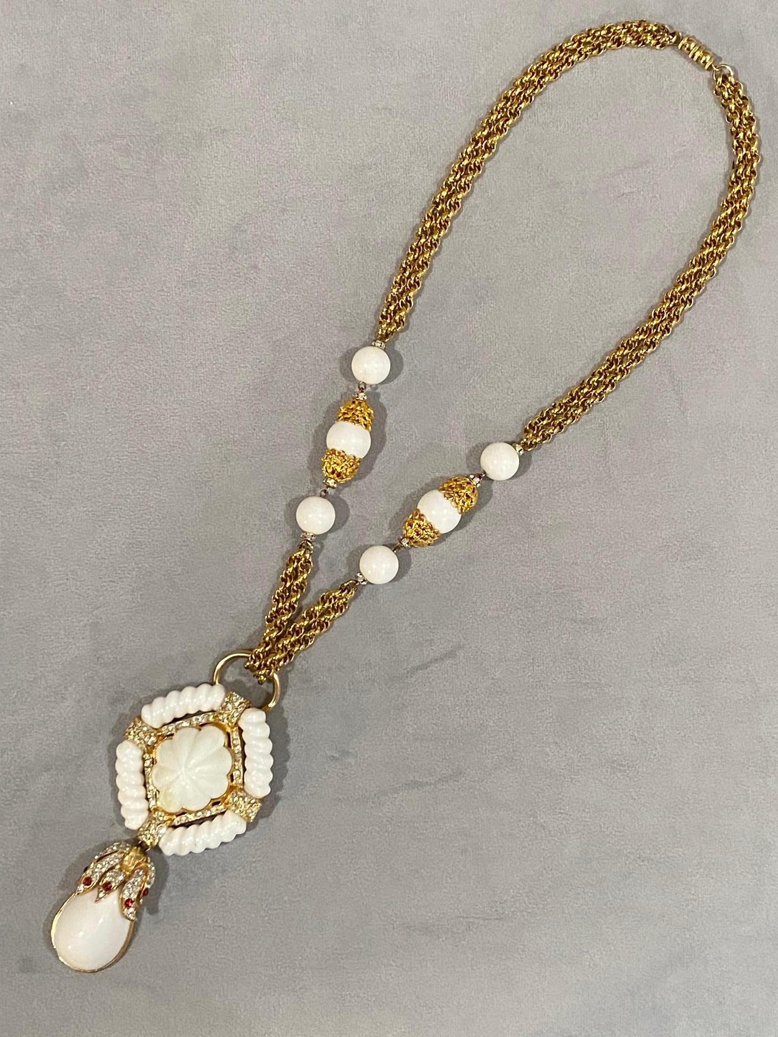Women's or Men's Les Bernard 1980s Pendant Necklace in Gold & White with Rhinestone Accent For Sale