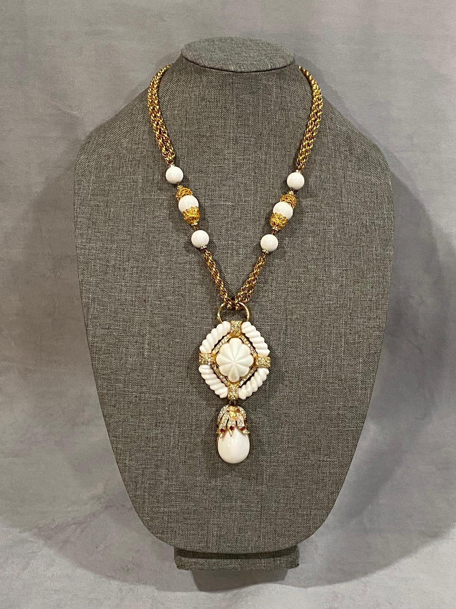 Les Bernard 1980s Pendant Necklace in Gold & White with Rhinestone Accent 2