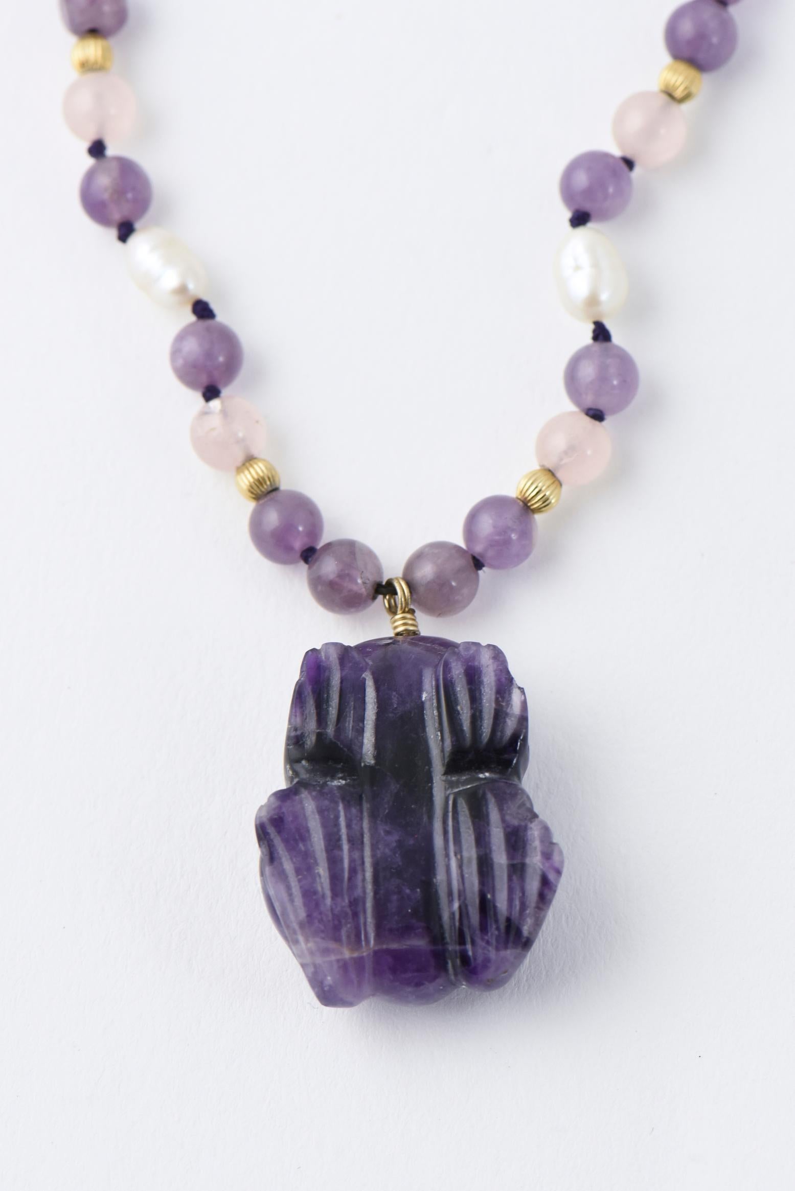 Bead Les Bernard Amethyst and Pearl Frog Necklace For Sale