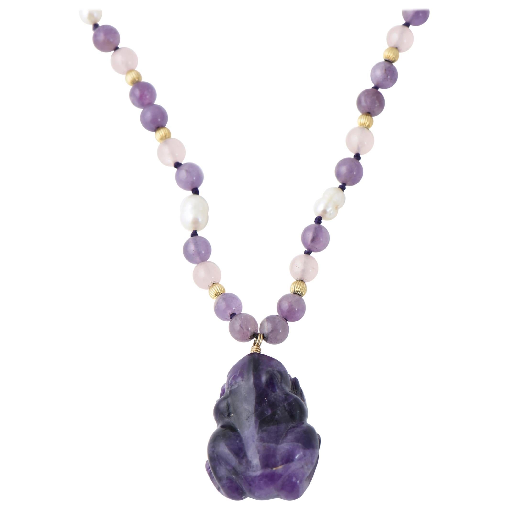 Les Bernard Amethyst and Pearl Frog Necklace For Sale