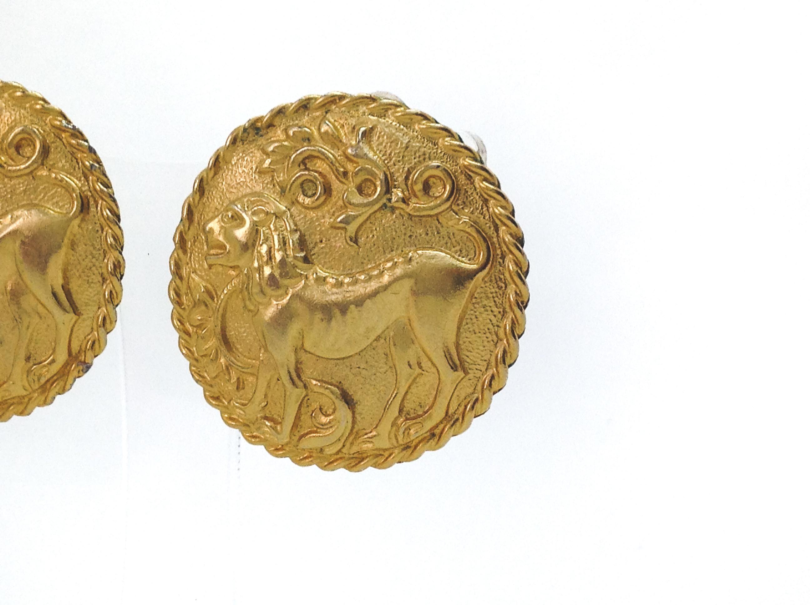 Les Bernard 1980s Vintage Clip on Earrings

Fantastic statement earrings from Les Bernard, the designer of jewellery for Alexis Carrington herself! These are iconic earrings of the era. Bold Roman style medallions embossed with lions.  For power