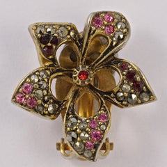 Les Bernard Gold Plated Flower Earrings with Marcasites Red Pink Rhinestones